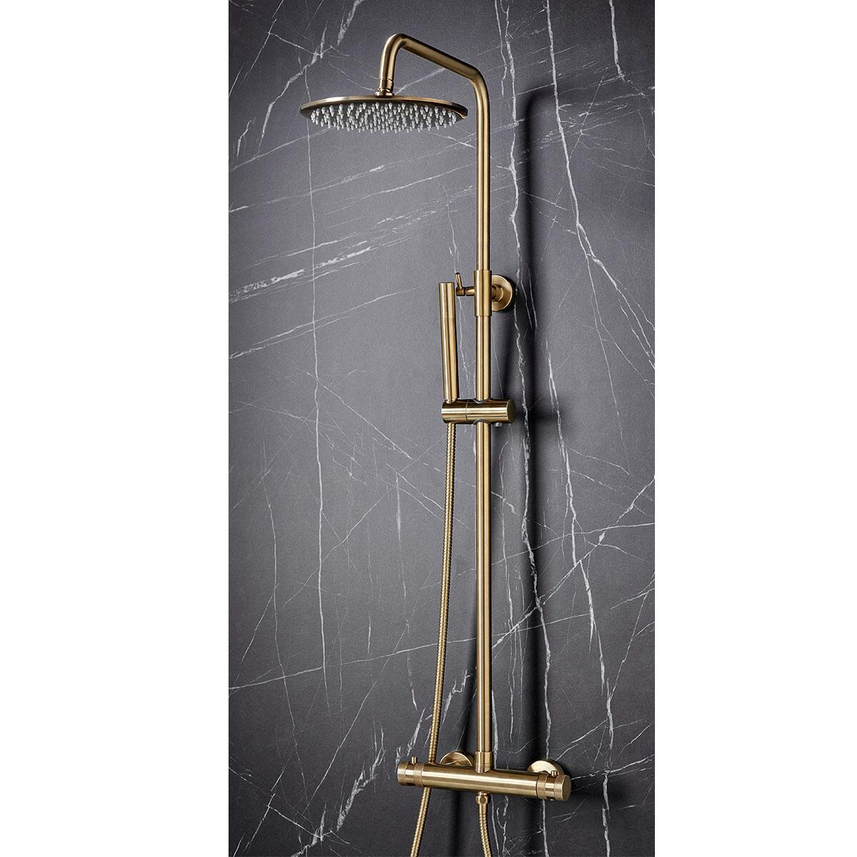Scudo Core round rigid riser shower in brushed brass finish