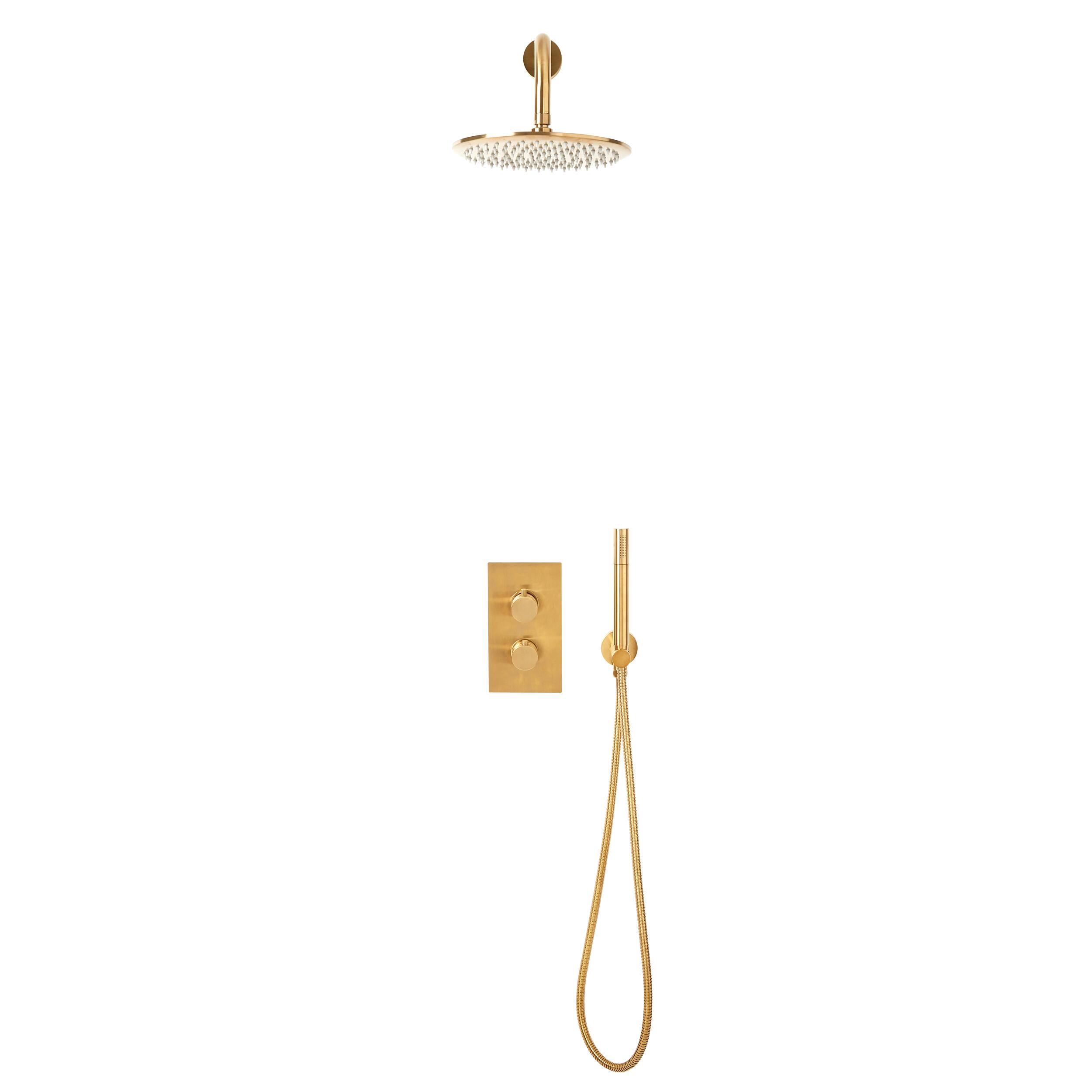 Scudo Core round handle shower system in brushed brass with drench head, handset and mounting bracket