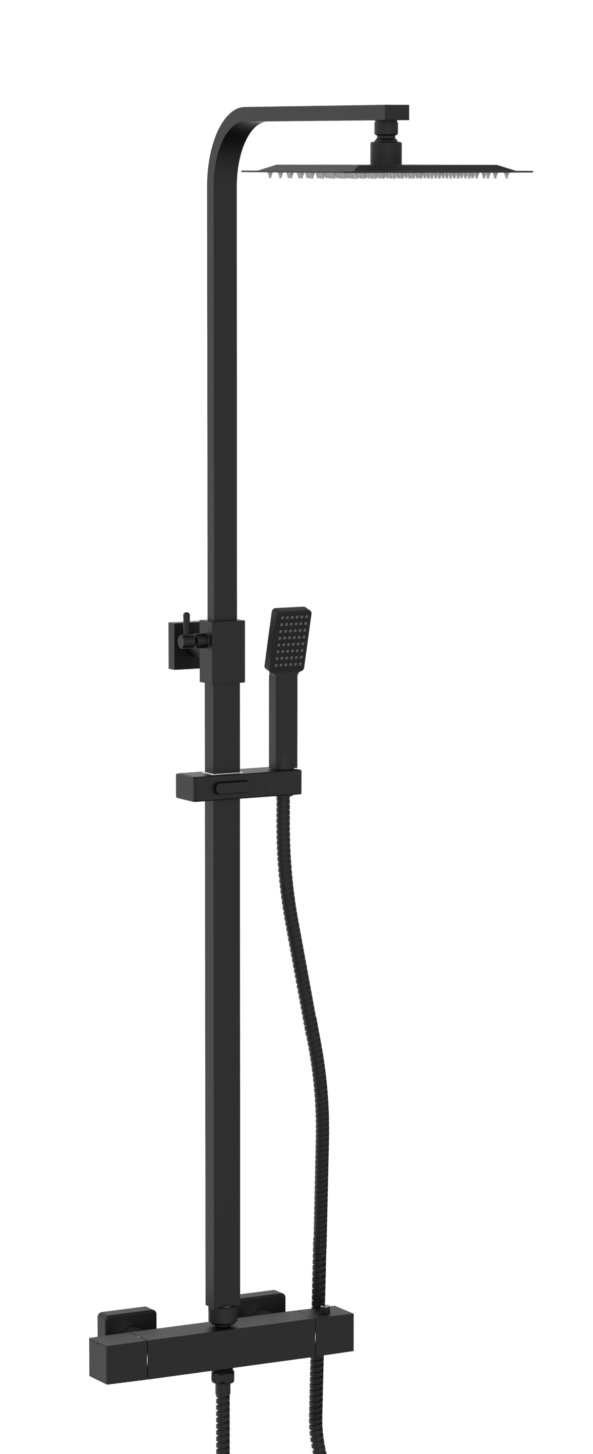 Scudo Lunar Square Rigid Riser Shower in Black Stainless Steel with thermostatic bar valve and fixed shower head