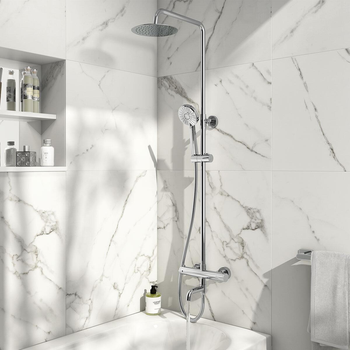 Scudo Solar round rigid riser shower with bath filler, chrome finish