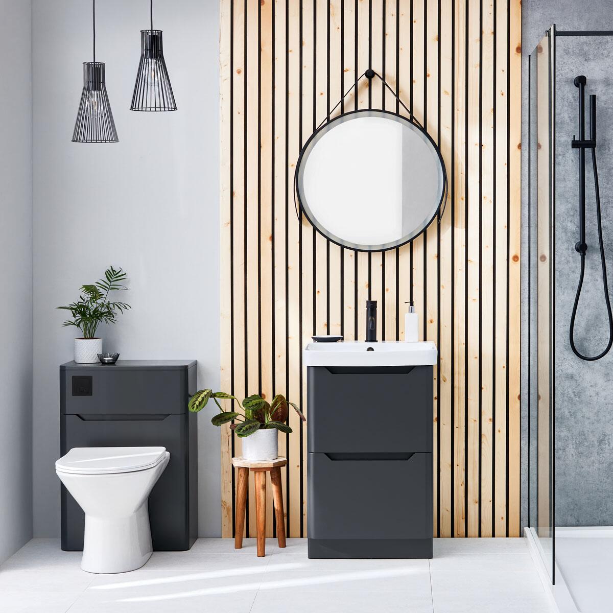Scudo Ella 474mm floorstanding bathroom unit in Anthracite melamine with soft-close door