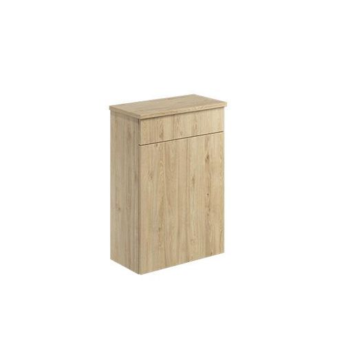 Scudo Aubrey floorstanding WC unit in Davos Oak finish with angular integral handles, 505mm wide