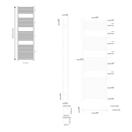 Scudo Simona chrome designer towel radiator, 1600mm height, 500mm width, steel construction