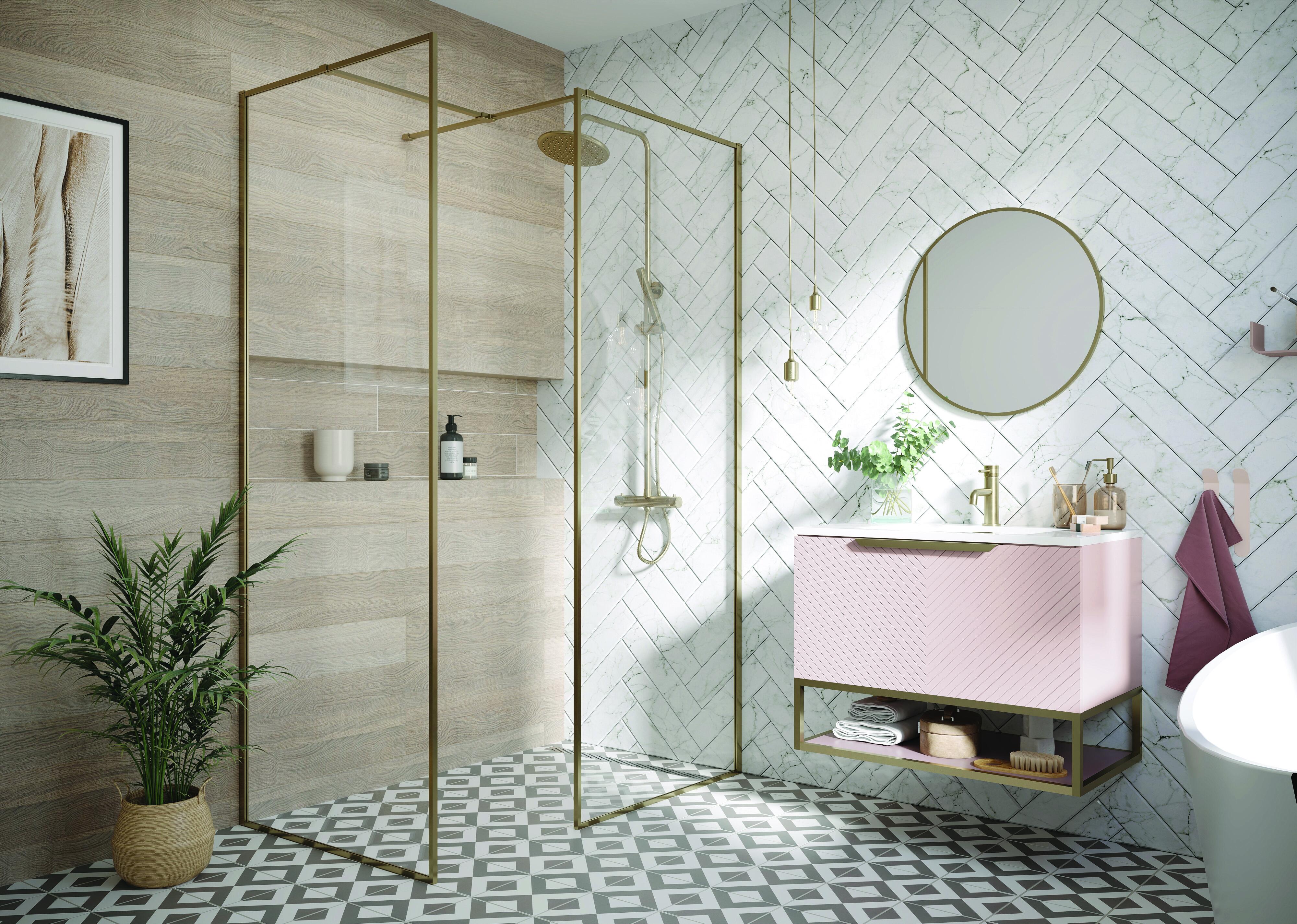 Scudo Minos framed glass shower panel with brushed brass frame and clear glass, 2001mm height