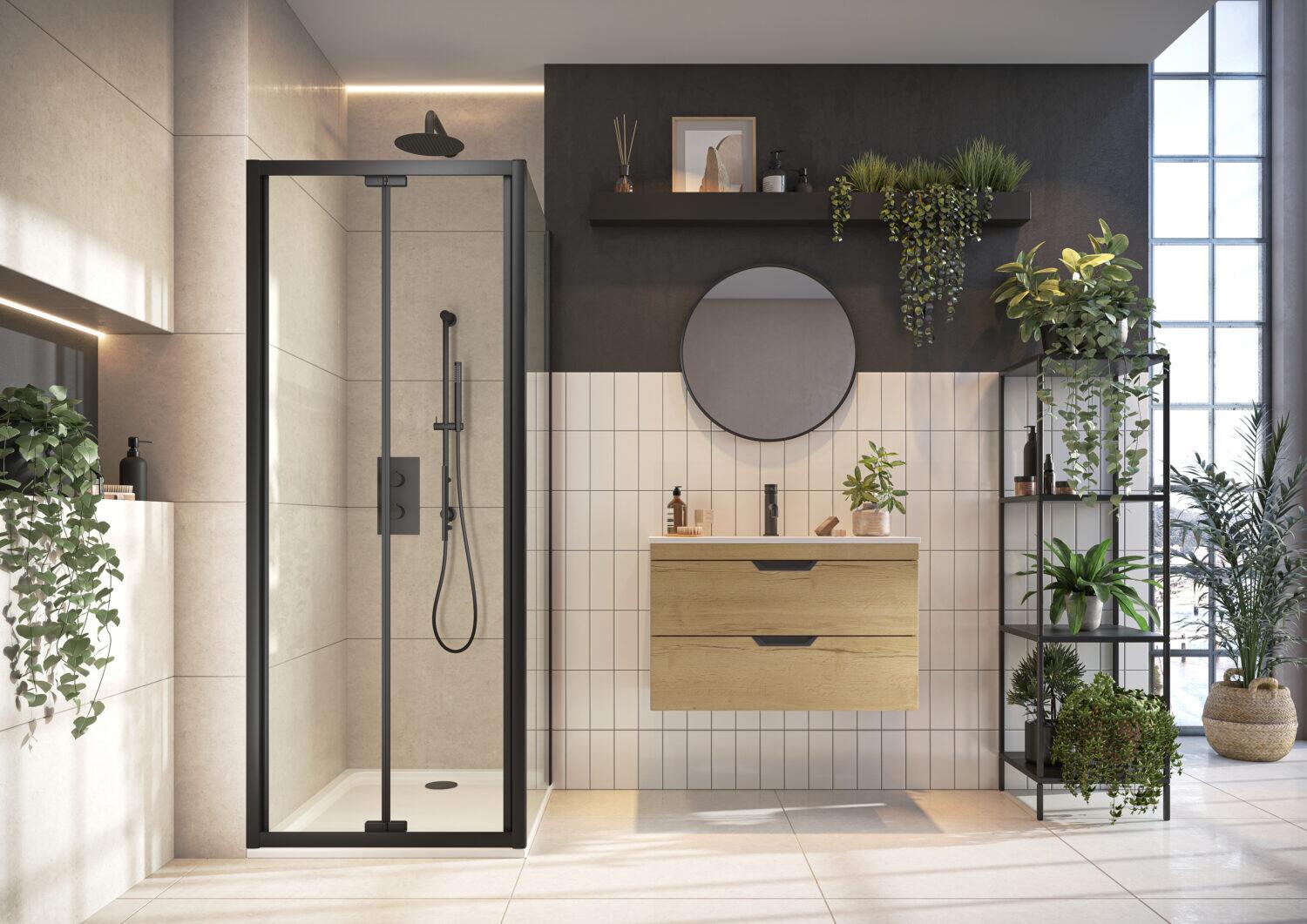 Scudo S6 800mm Bi-Fold Shower Door with black frame and clear 6mm glass, 1850mm height