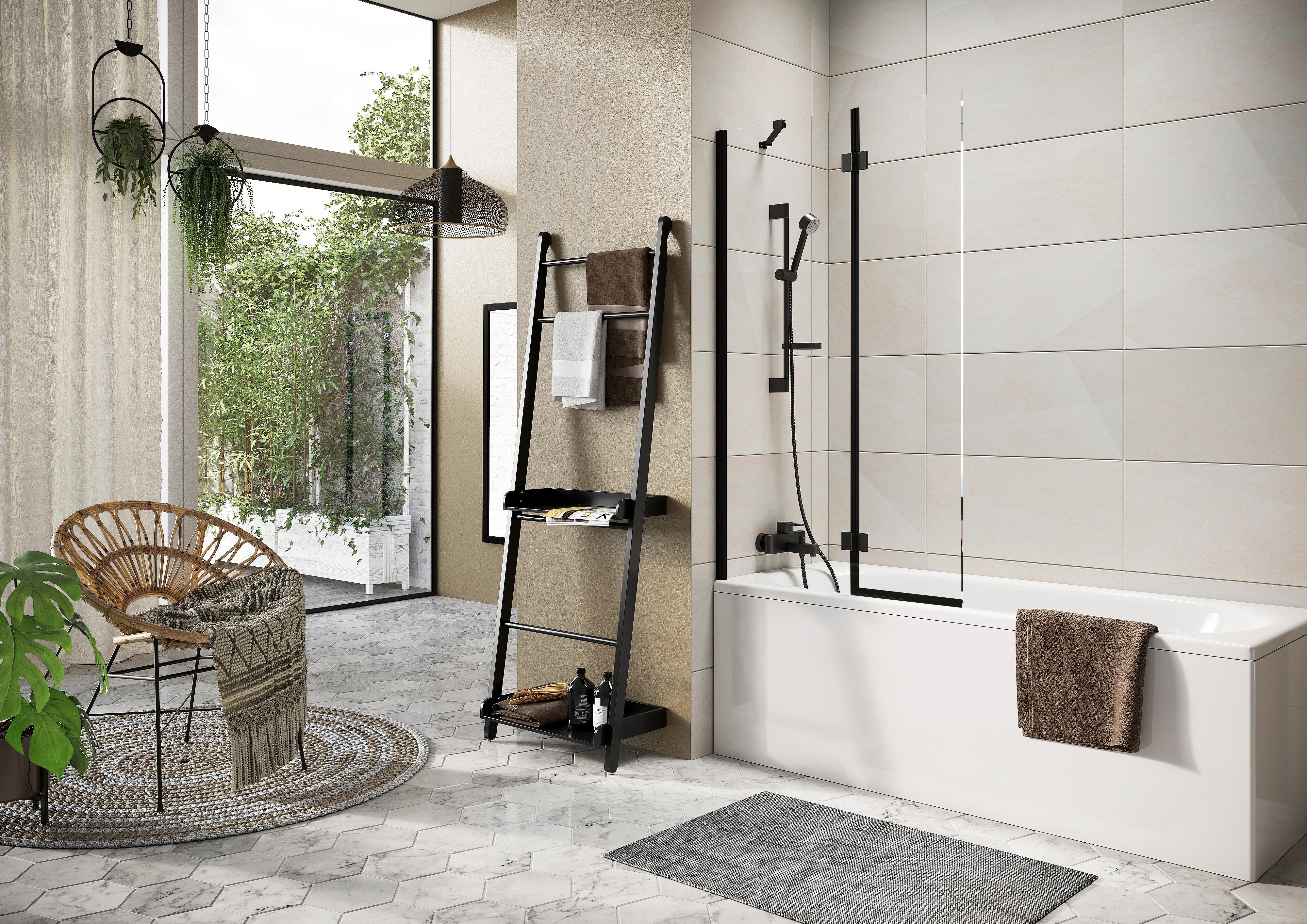 Scudo Thalia black frame bath screen with clear glass, 1500mm height
