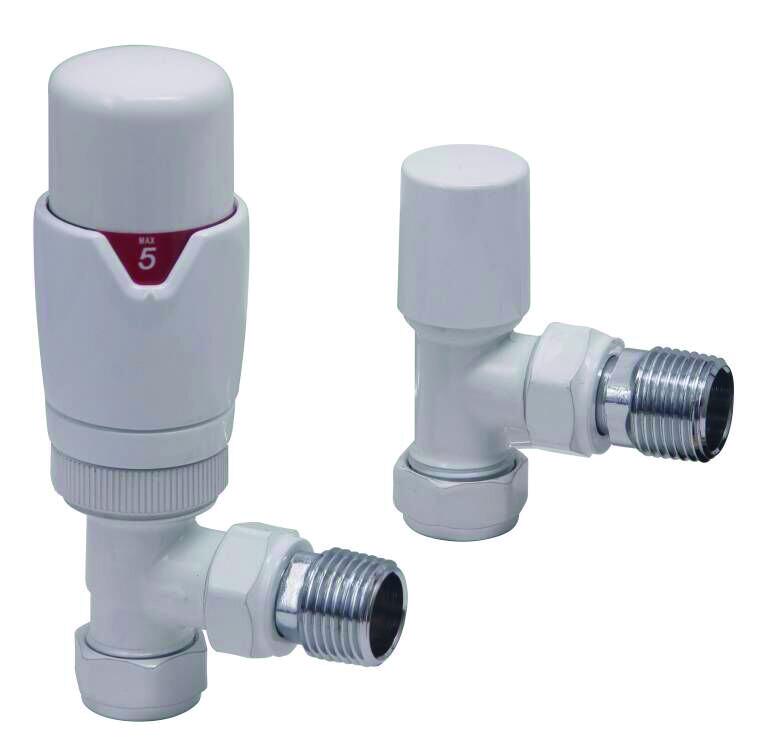 Scudo Designer Angled Thermostatic Radiator Valve Twin Pack, White Brass finish