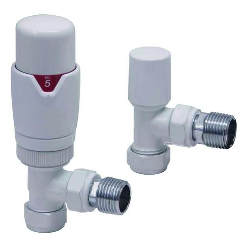 Scudo Designer Angled Thermostatic Radiator Valve Twin Pack, White Brass finish