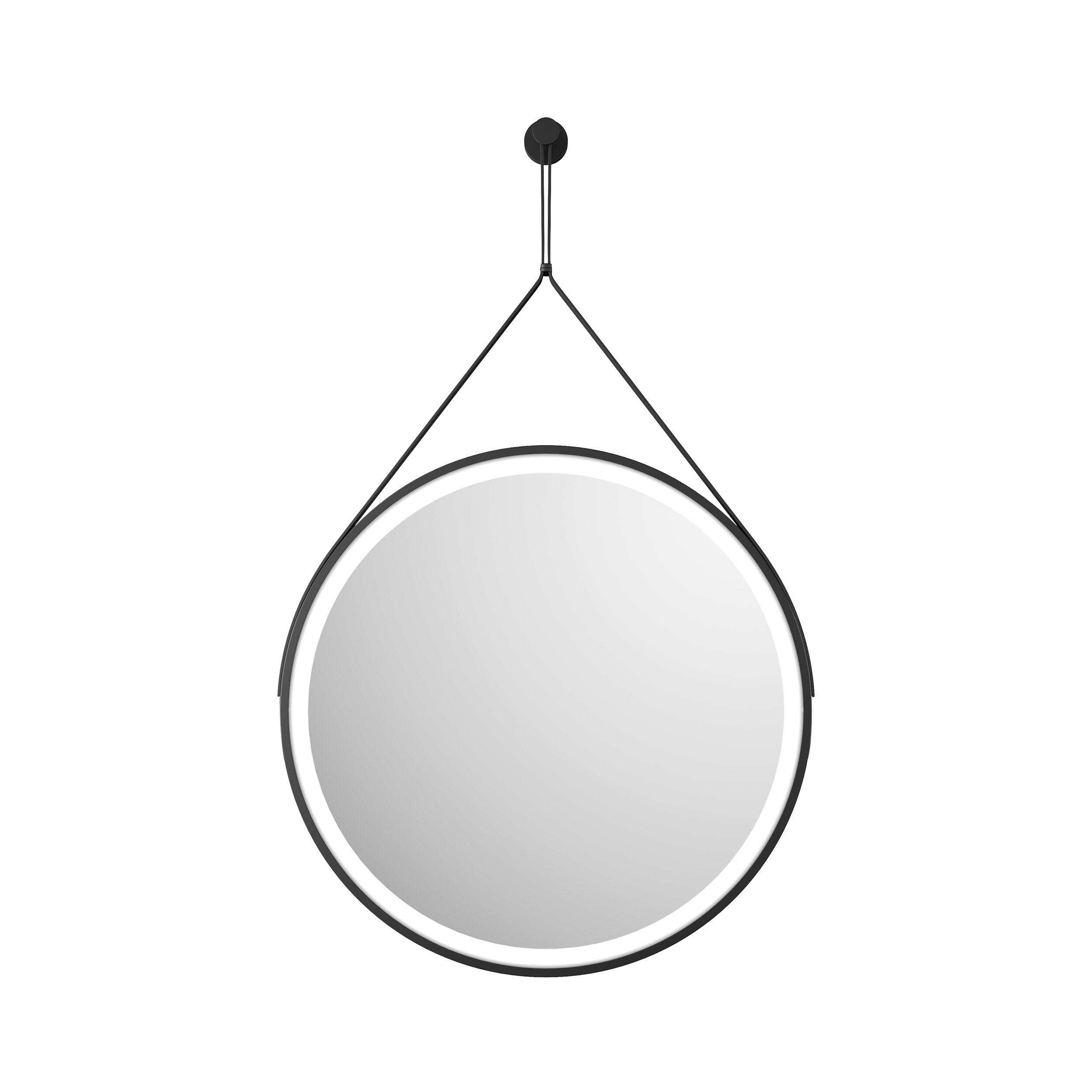 Scudo Belini Round LED Hanging Mirror 600mm, Matt Black metal frame with decorative strap