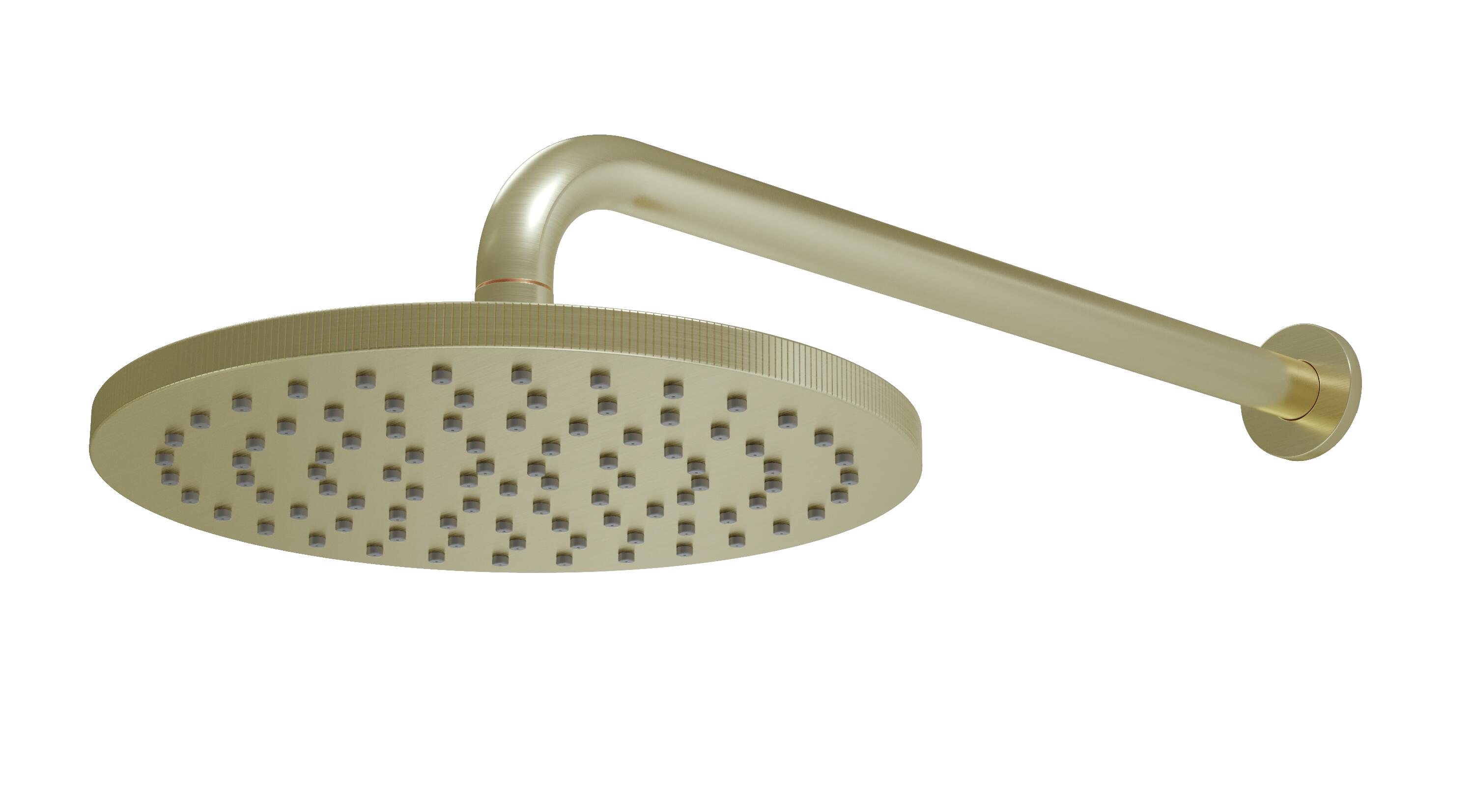 Scudo Core Spotlight fixed shower head in brushed brass finish with wall arm