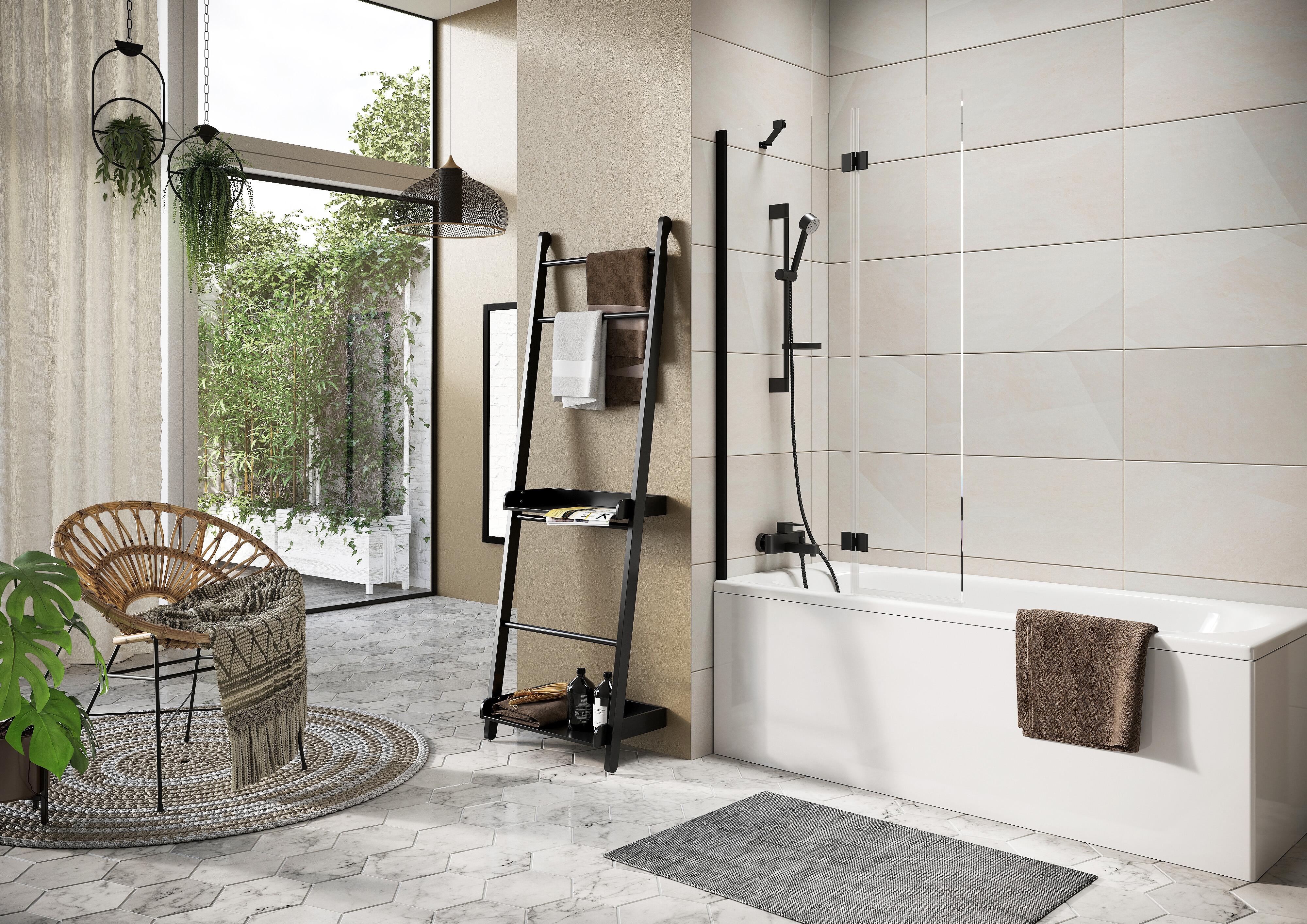 Scudo Thalia black framed bath screen, 1500mm height, clear glass