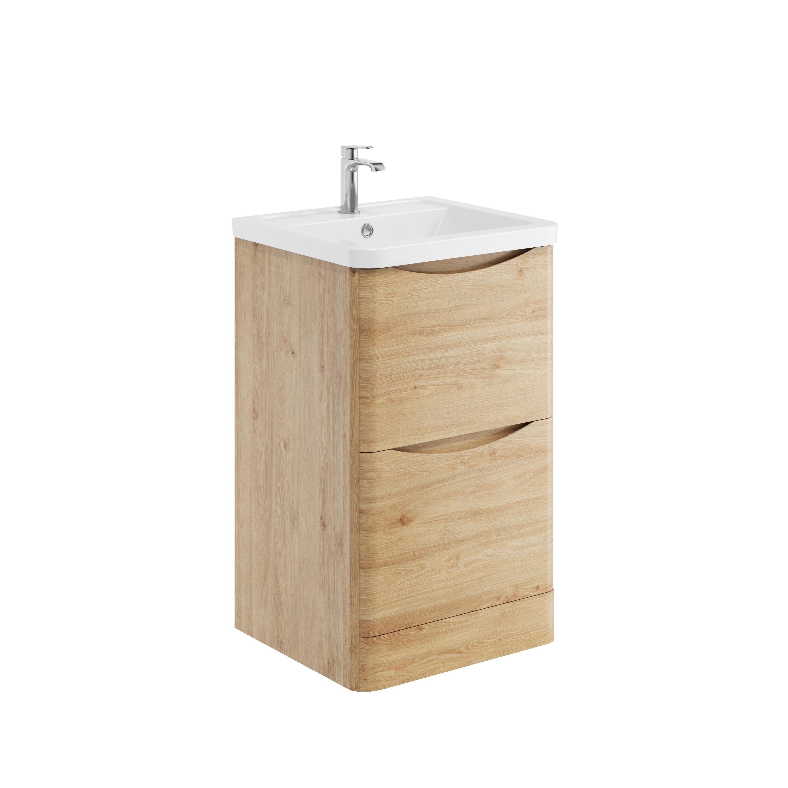 Scudo Bella 495mm floorstanding vanity unit in Davos Oak finish, contemporary style