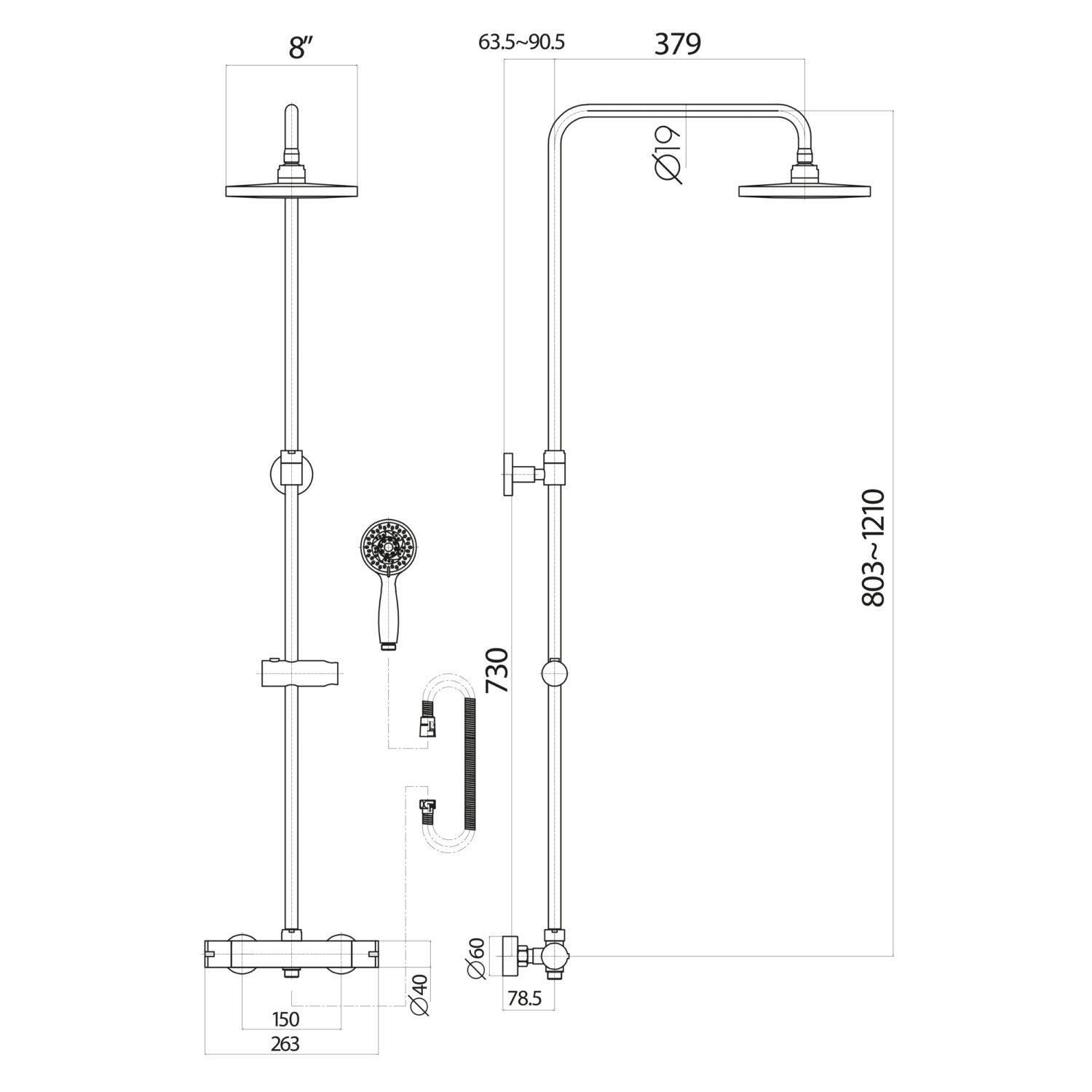 Scudo Serena round riser shower set in chrome with thermostatic exposed valve and shower head