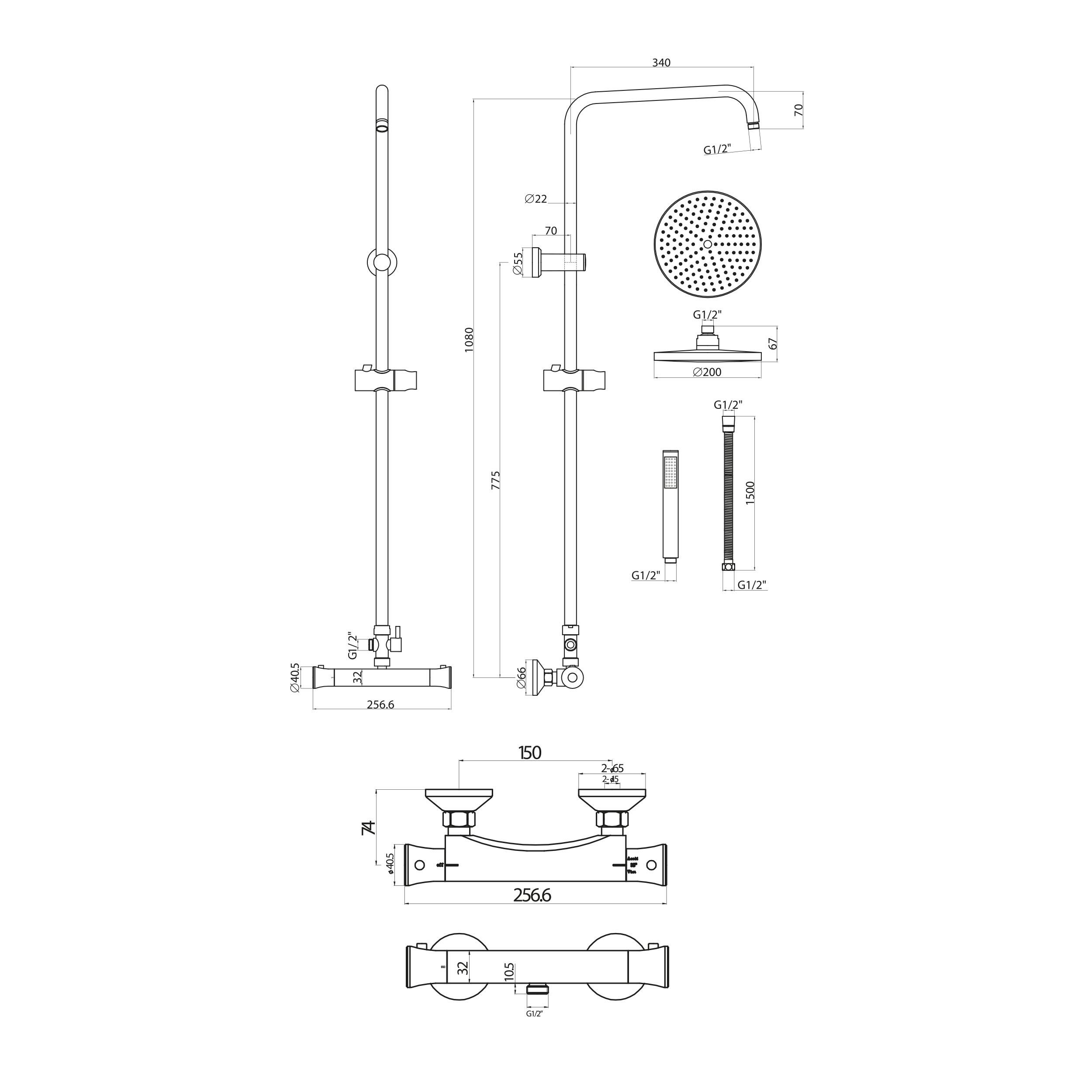 Scudo Round Thermostatic Bar Valve with Riser Rail in Chrome