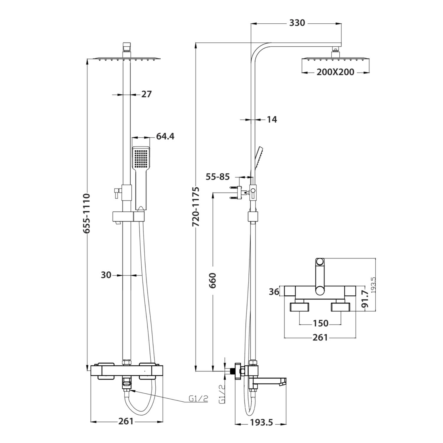 Scudo Block Square Rigid Riser Shower with Bath Filler in Chrome
