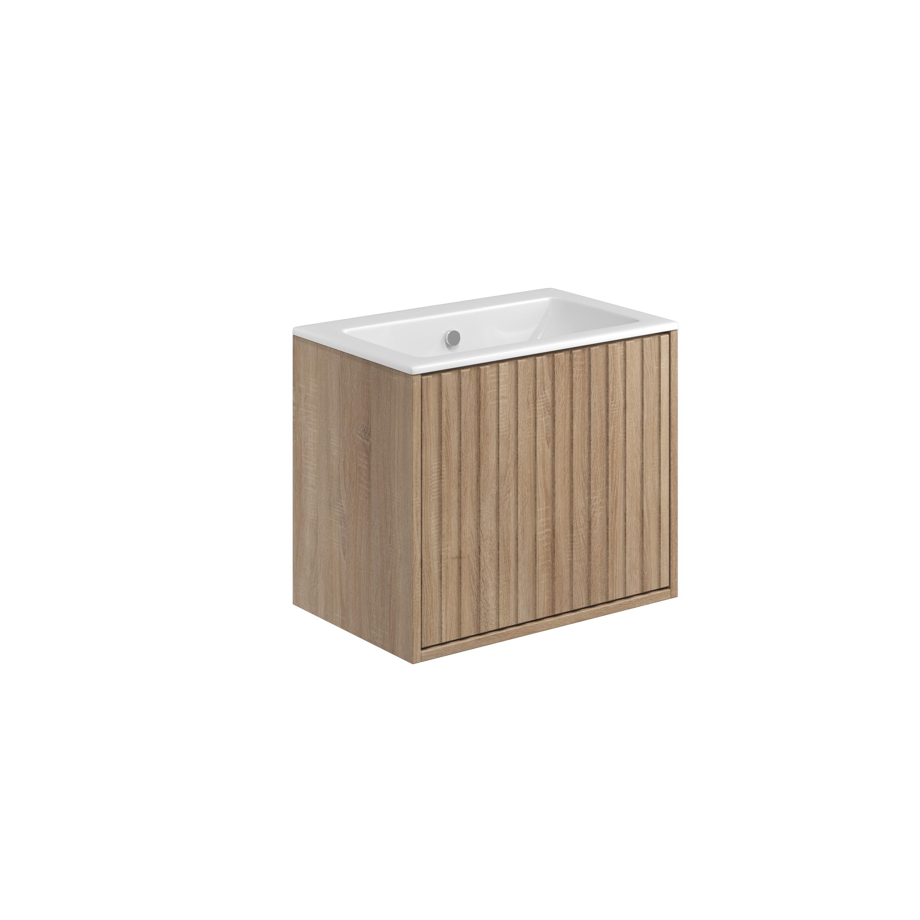 Scudo Alfie fluted wall hung vanity unit, Sonoma Oak wood effect, 610mm width