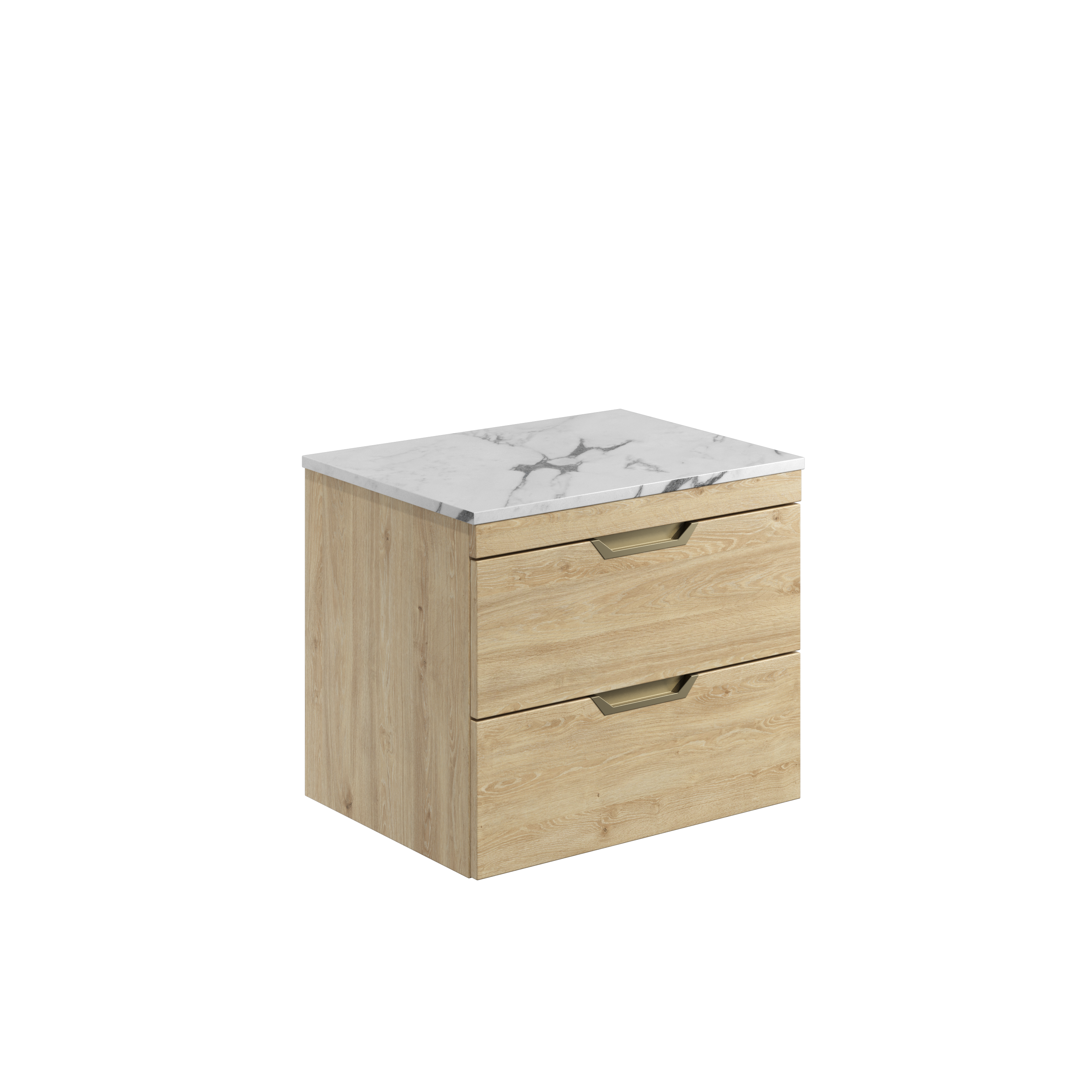 Scudo Aubrey 600mm wall hung vanity unit in Davos Oak, contemporary style, with matching worktop