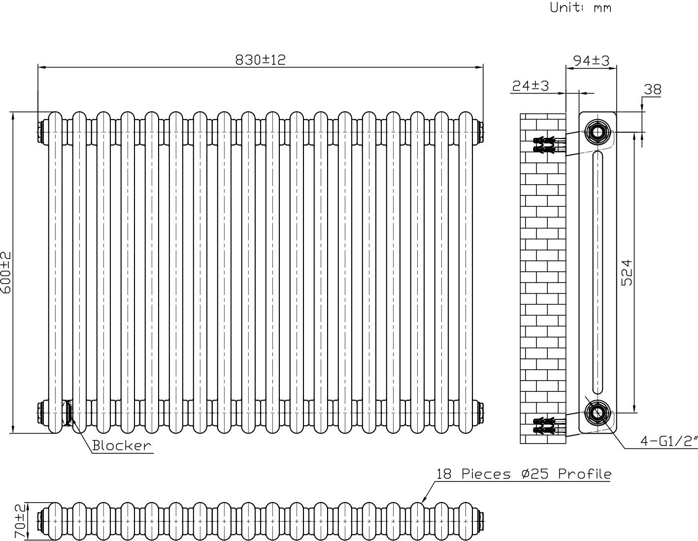 Scudo Column horizontal designer radiator in anthracite finish, 2 column 600x830mm mild steel construction