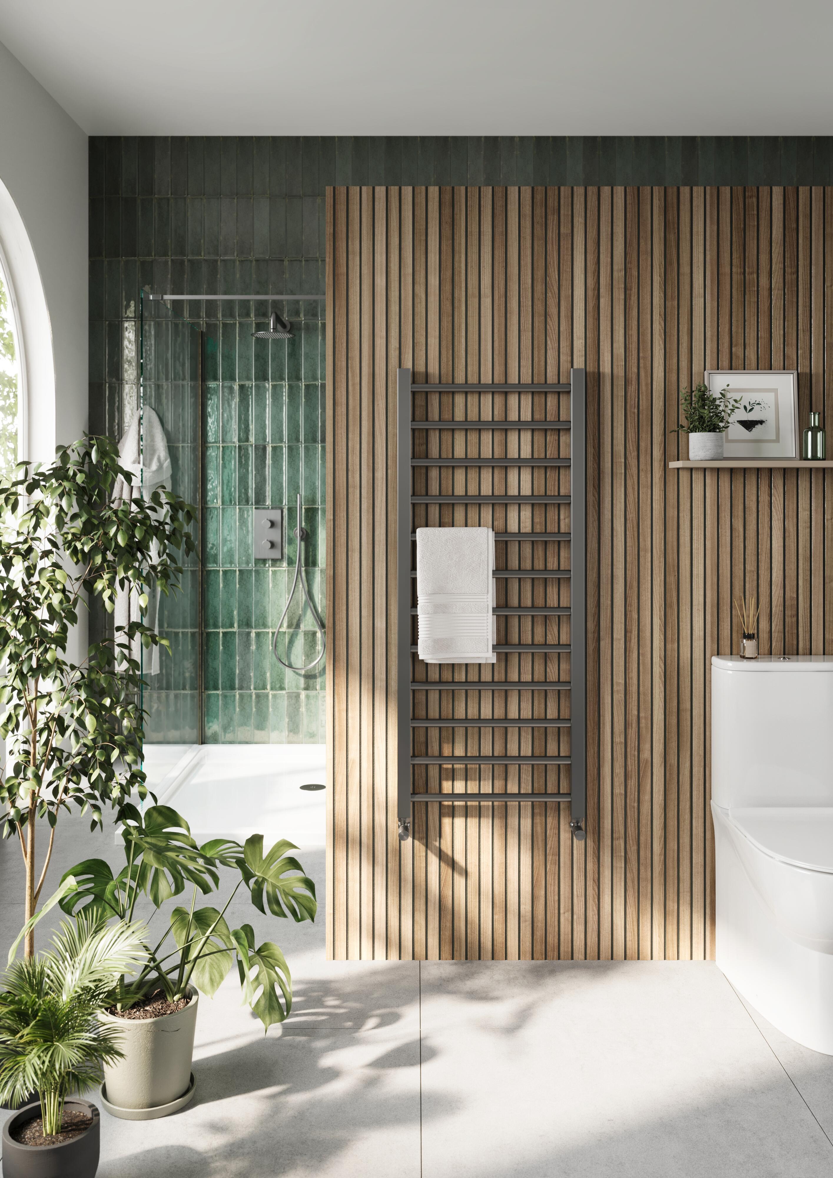 Scudo Vibe brushed brass heated towel rail, 1600mm height, steel construction