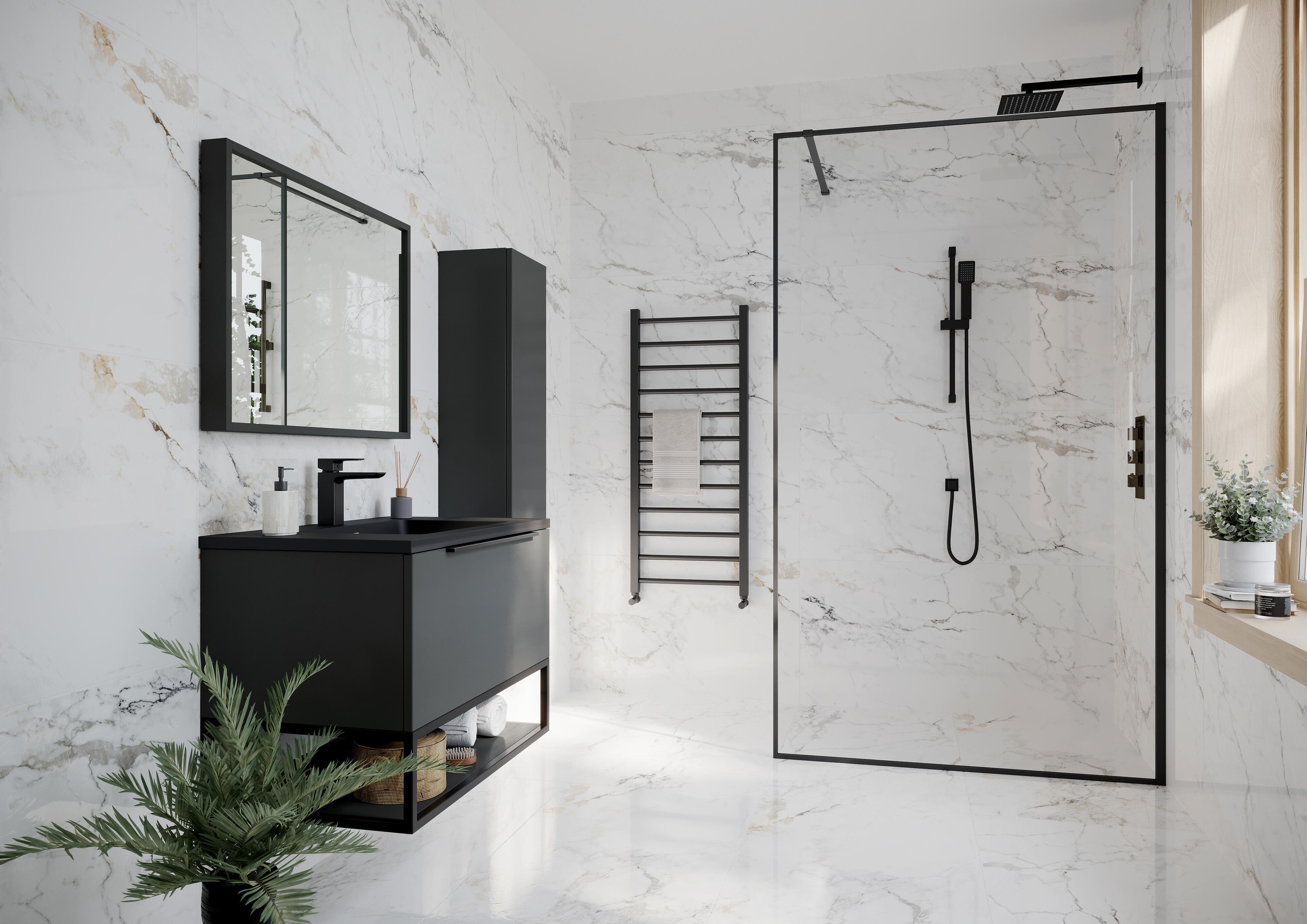 Scudo Minos framed clear glass shower panel with black frame, 2000mm high