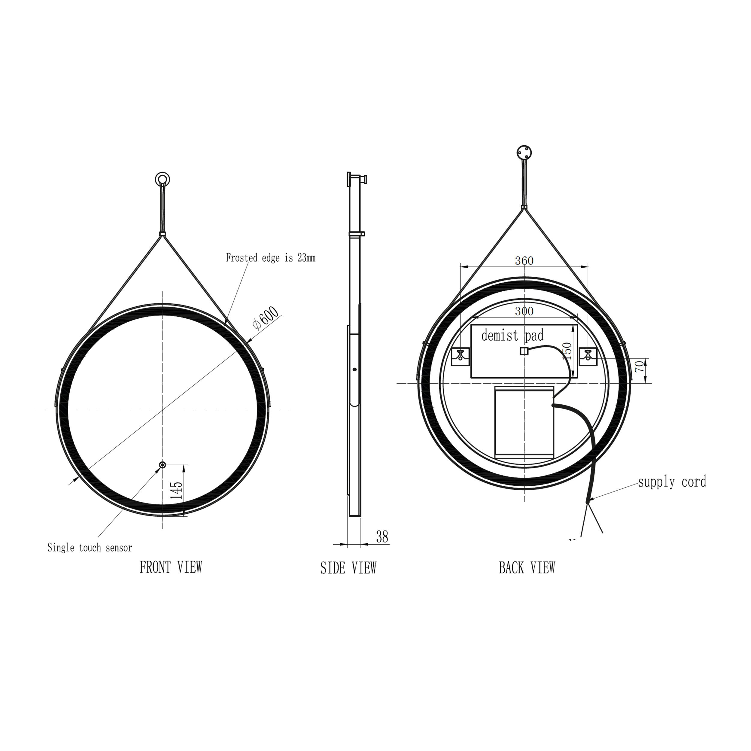 Scudo Belini Round LED Hanging Mirror 600mm, Matt Black metal frame with decorative strap