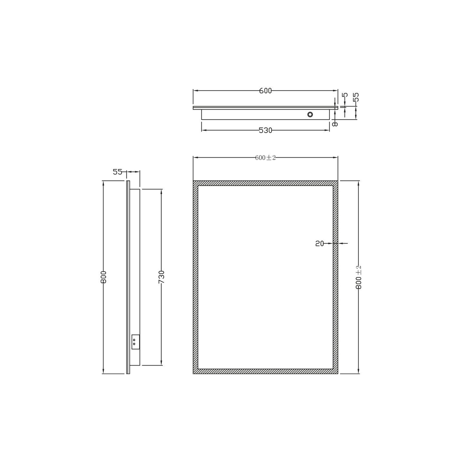 Scudo Mosca rectangular LED mirror, 800mm x 600mm, with demister pad and shaver socket