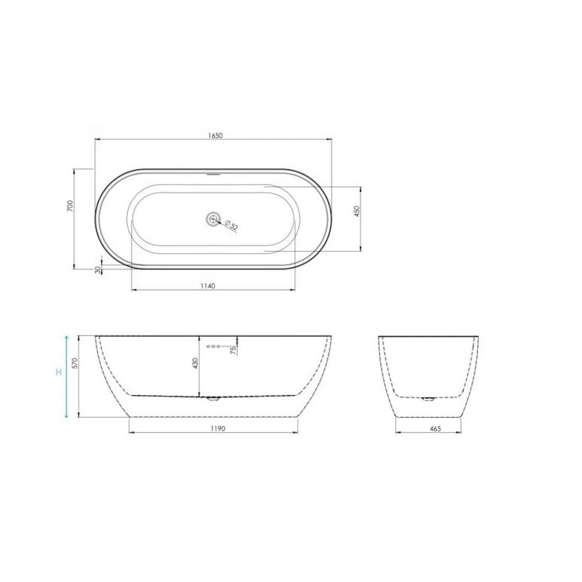 Scudo Form white acrylic freestanding bath, pill shape, 1650mm x 700mm