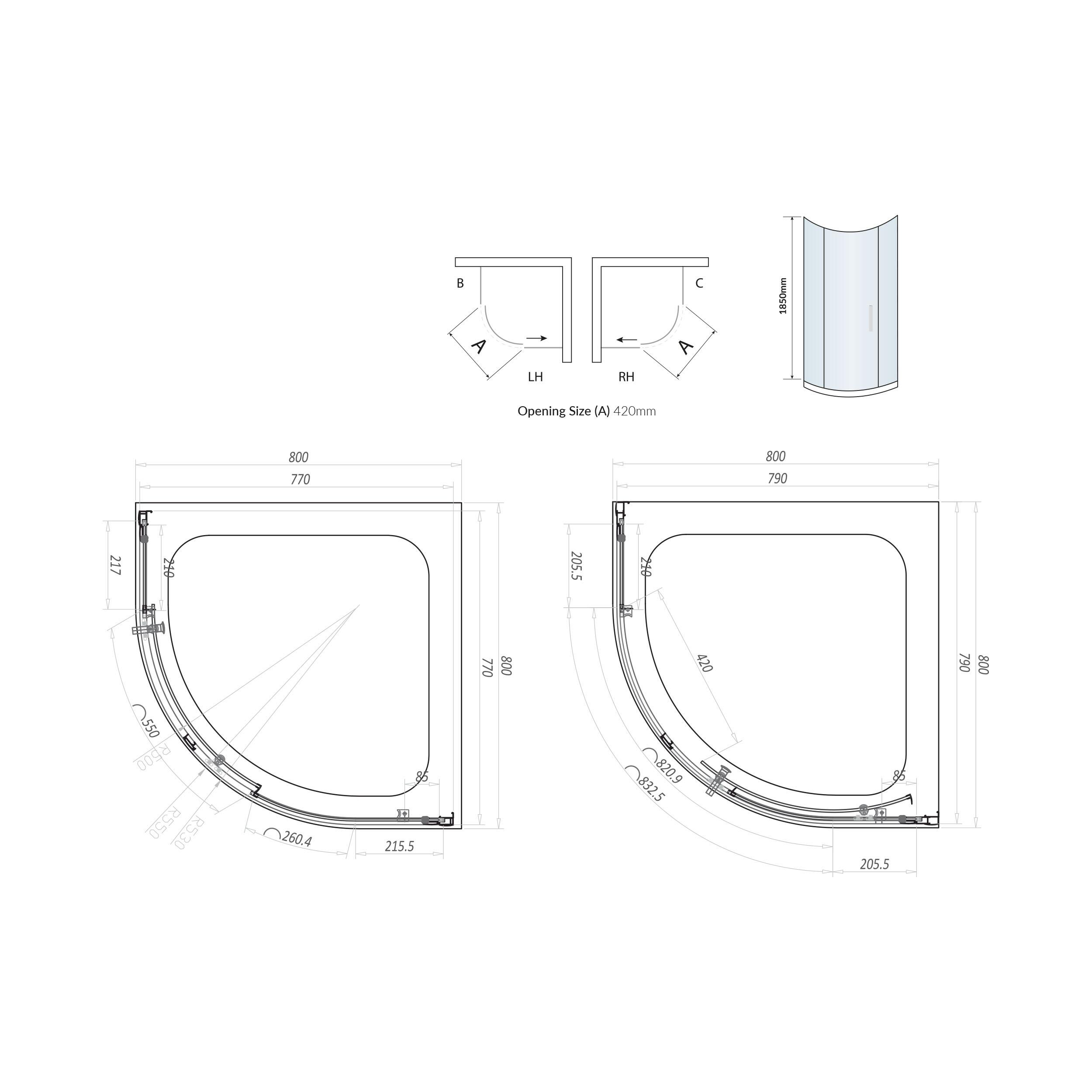 Scudo S6 800mm single door quadrant shower enclosure with clear 6mm toughened safety glass and chrome frame.