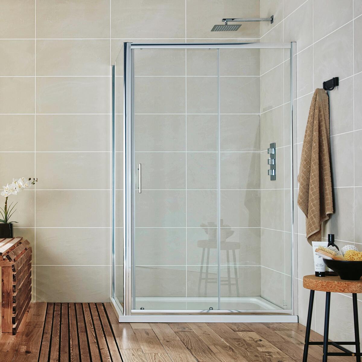 Scudo S6 sliding shower door, 1500mm wide, 1850mm high, 6mm clear toughened glass with chrome frame
