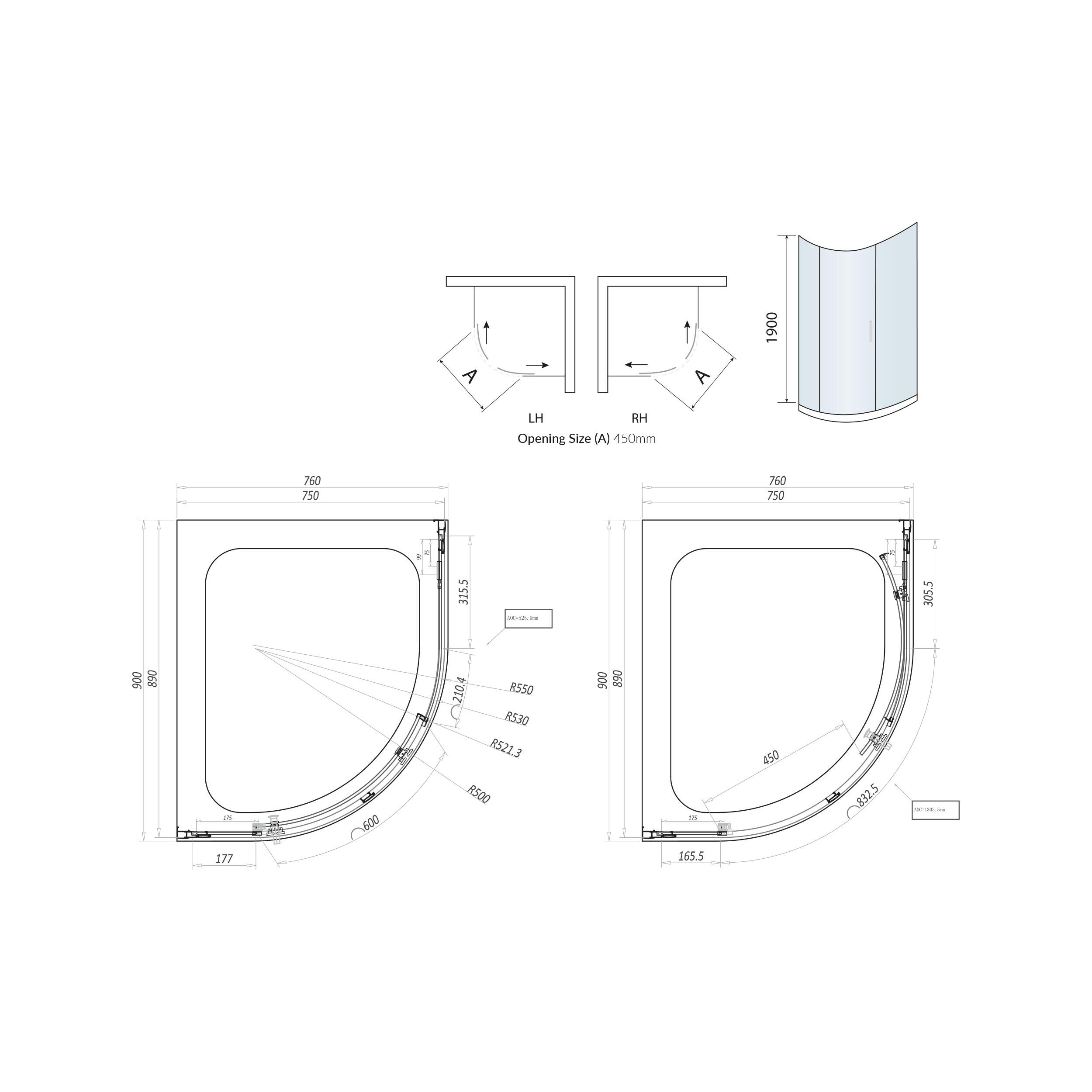Scudo I8 single door quadrant shower door, 900x760mm, clear glass, chrome frame
