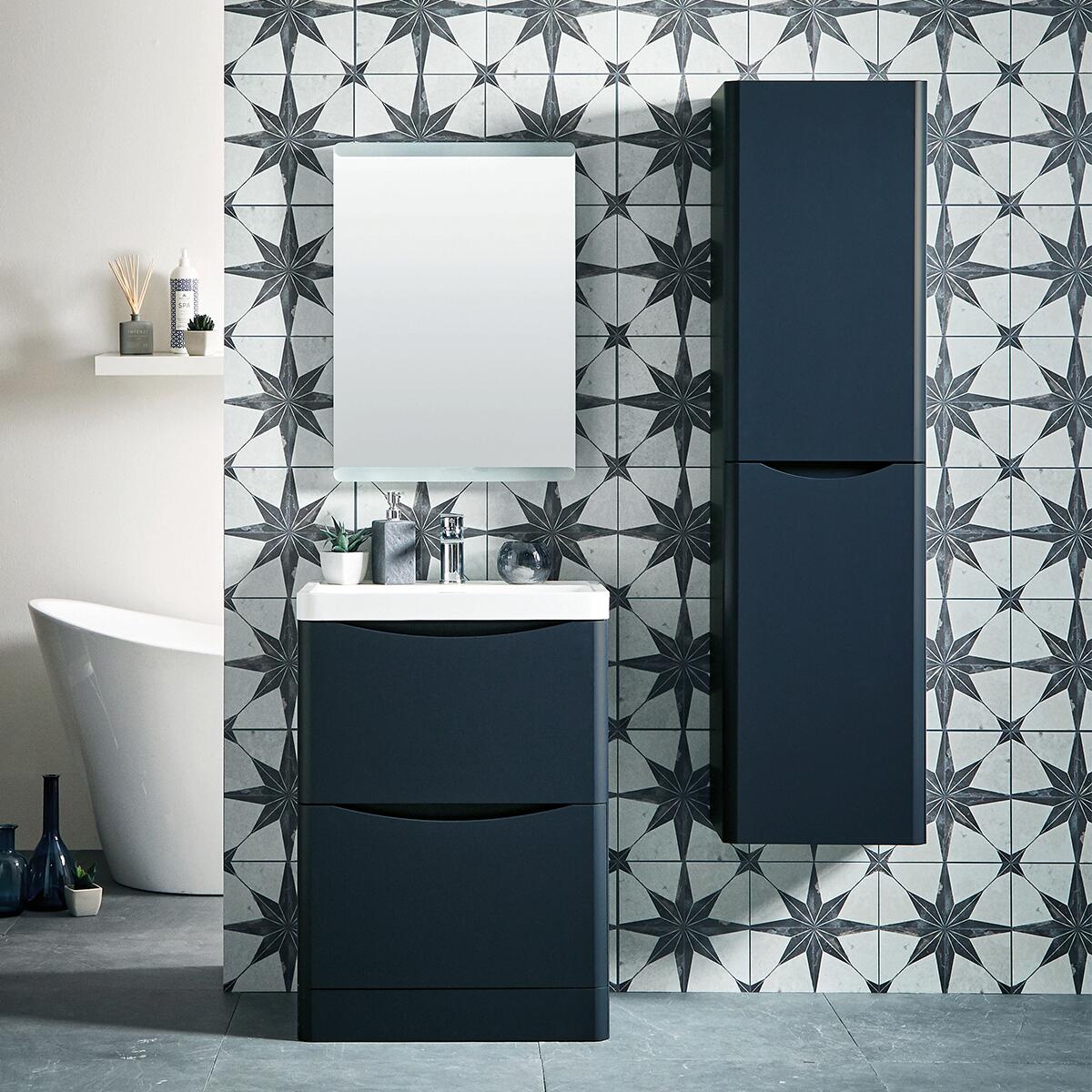 Scudo Bella 596mm floorstanding vanity unit in Indigo Blue melamine with soft-close doors