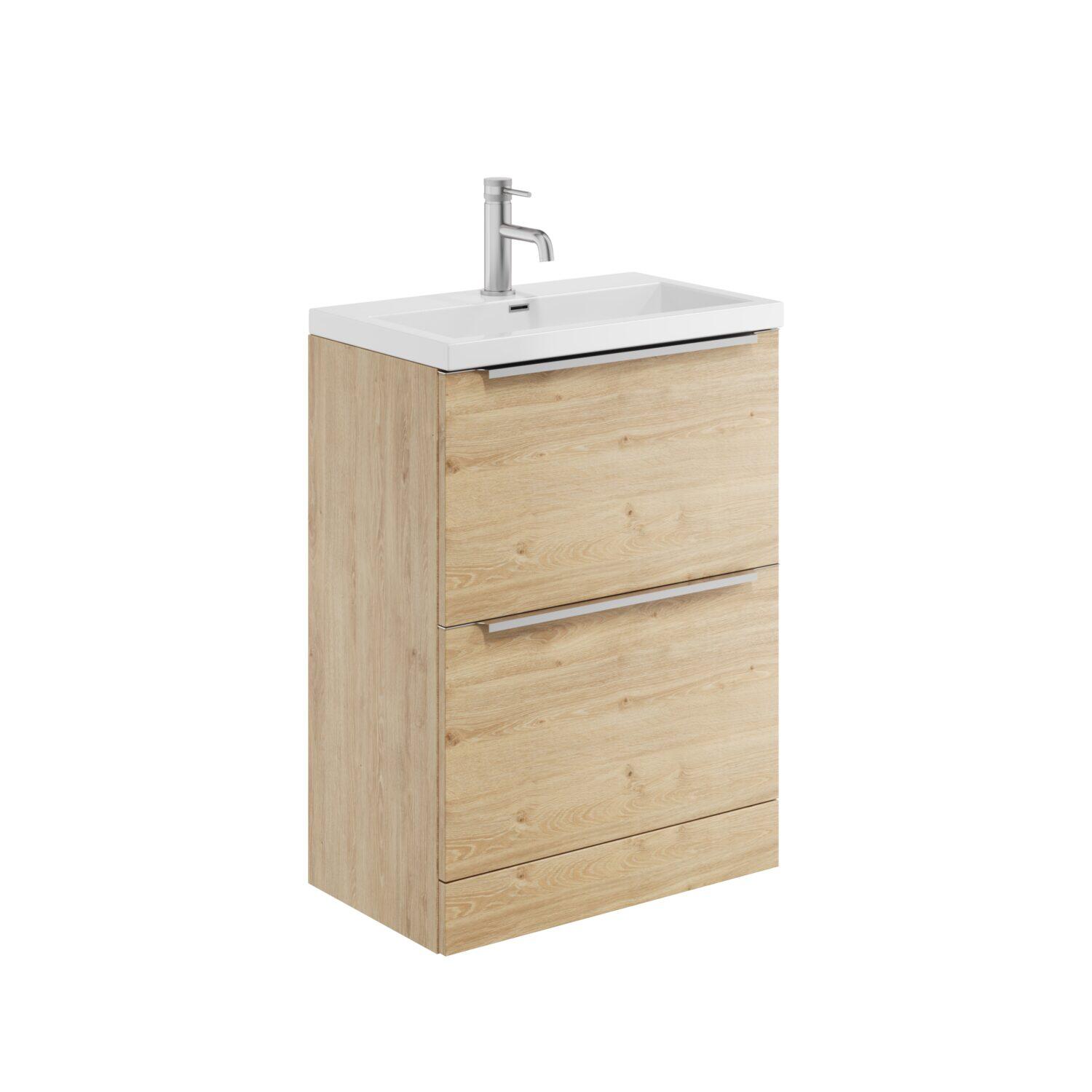 Scudo Muro PLUS 2 drawer freestanding basin unit in Davos Oak, 630mm wide, 830mm high, 350mm deep