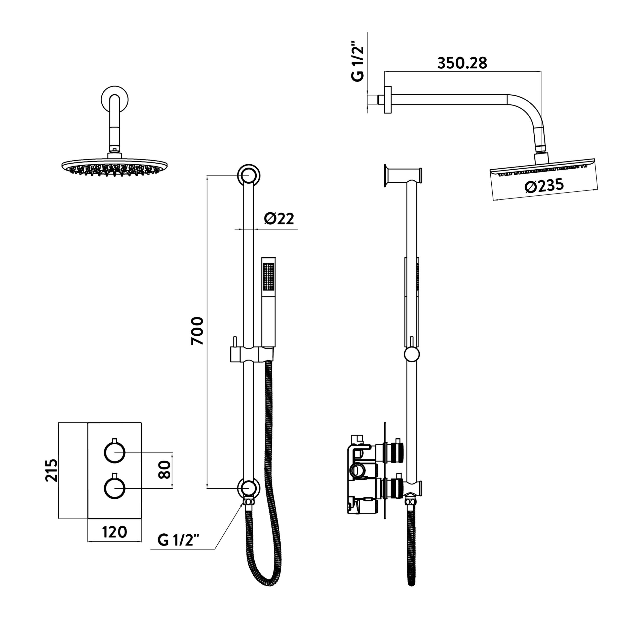 Scudo Core Round Handle Head & Handset Riser Kit in Brushed Brass