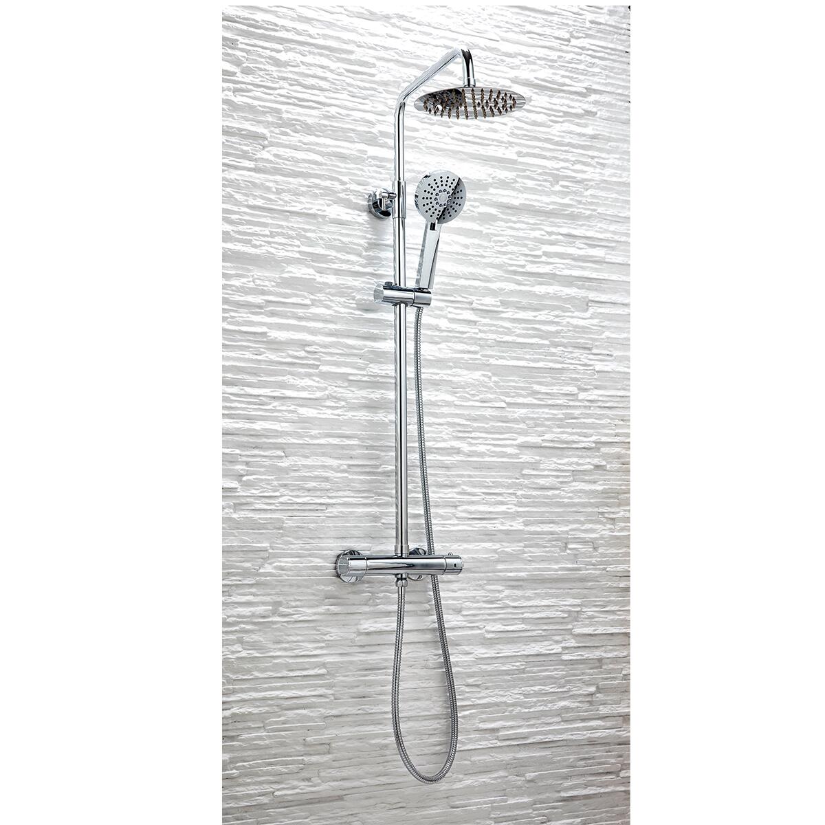 Scudo Serena round riser shower set in chrome with thermostatic exposed valve and shower head