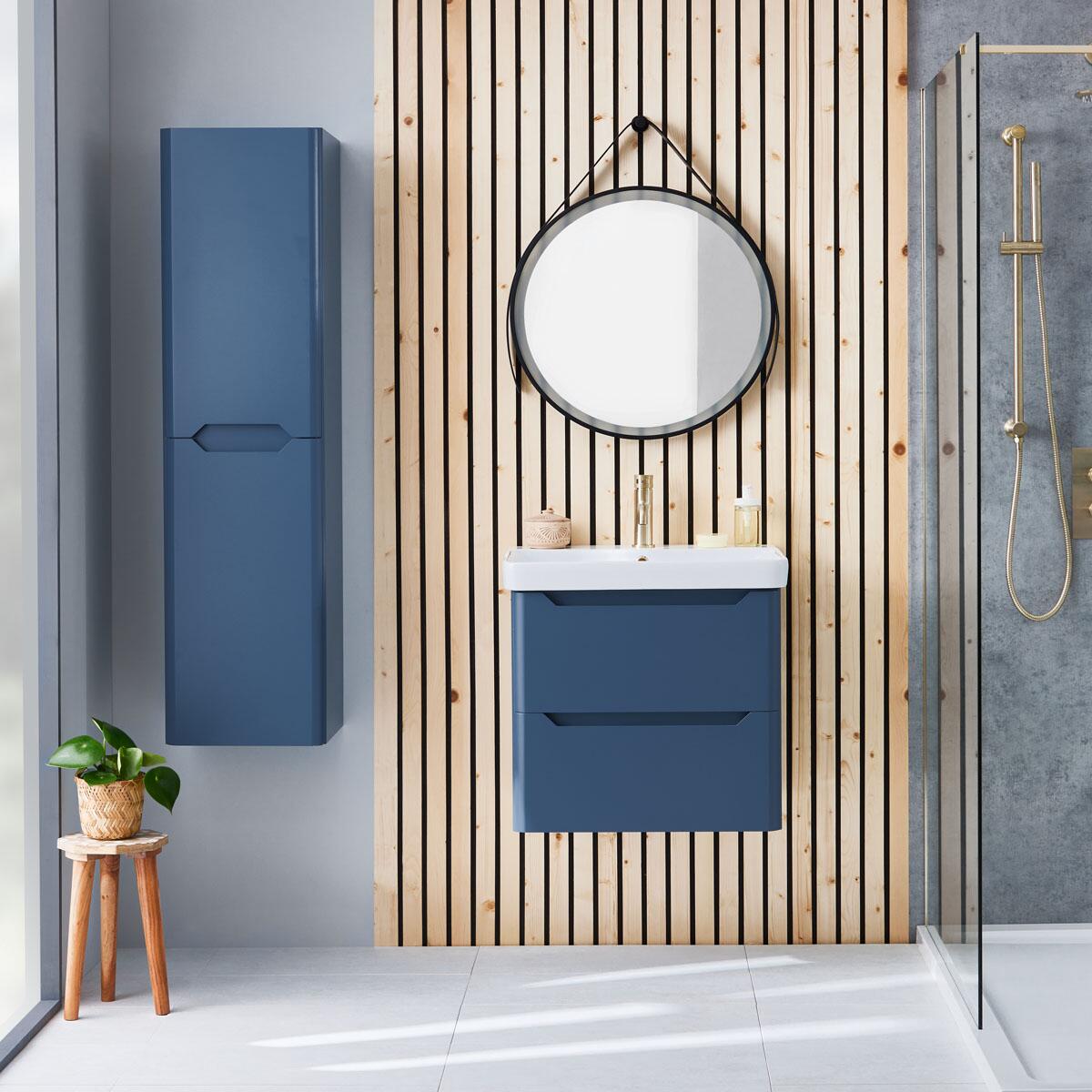 Scudo Ella blue wall hung vanity unit, contemporary melamine finish, 570mm wide