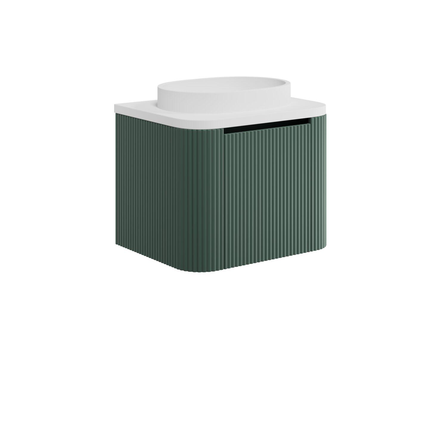 Scudo Linea wall hung vanity unit in Reed Green MFC finish with single soft close drawer, 590mm wide