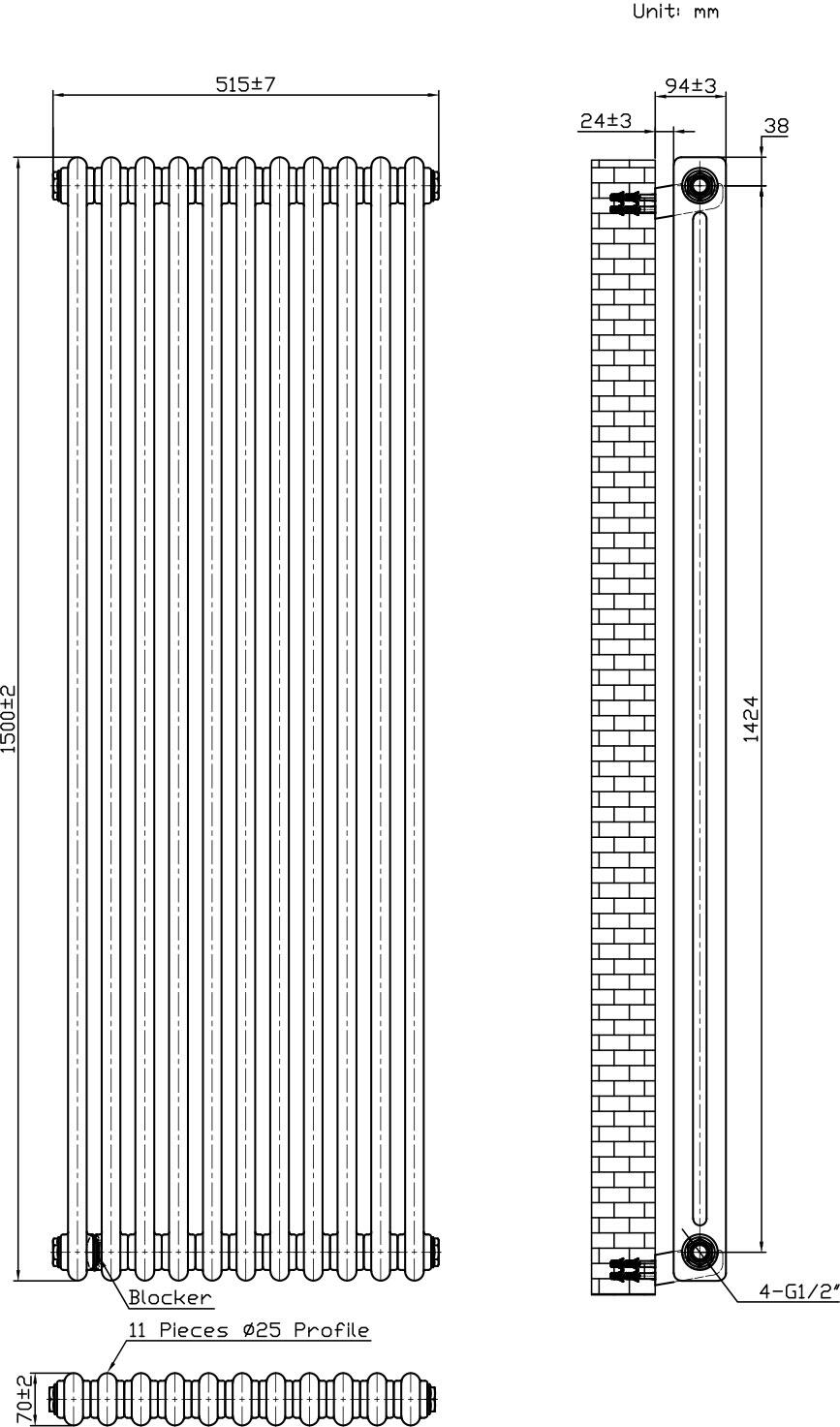 Scudo Column white vertical radiator, 2 column design, 1500mm height x 515mm width