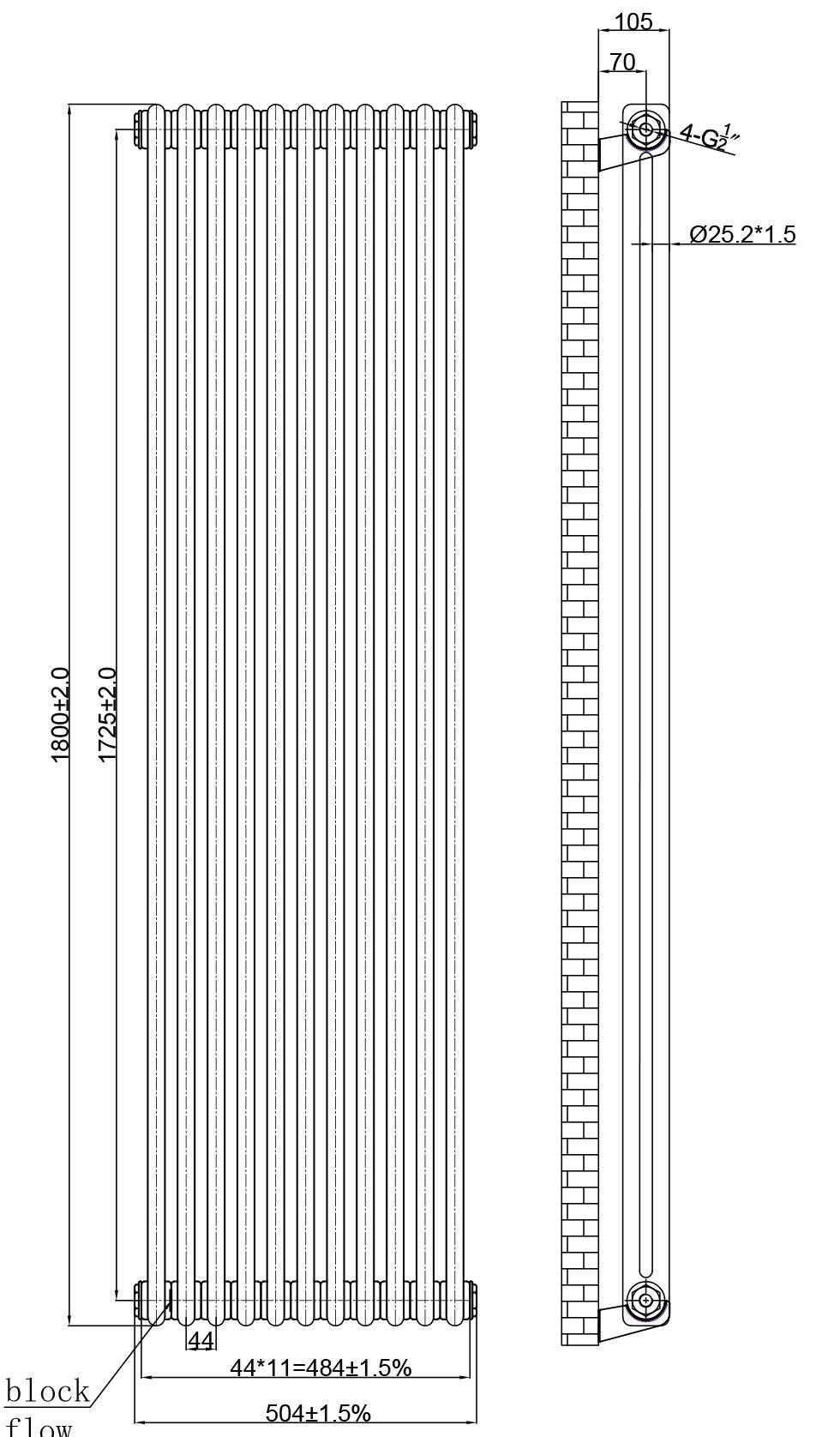 Scudo Column designer radiator in raw metal black finish, 2 column vertical design, 1800mm height