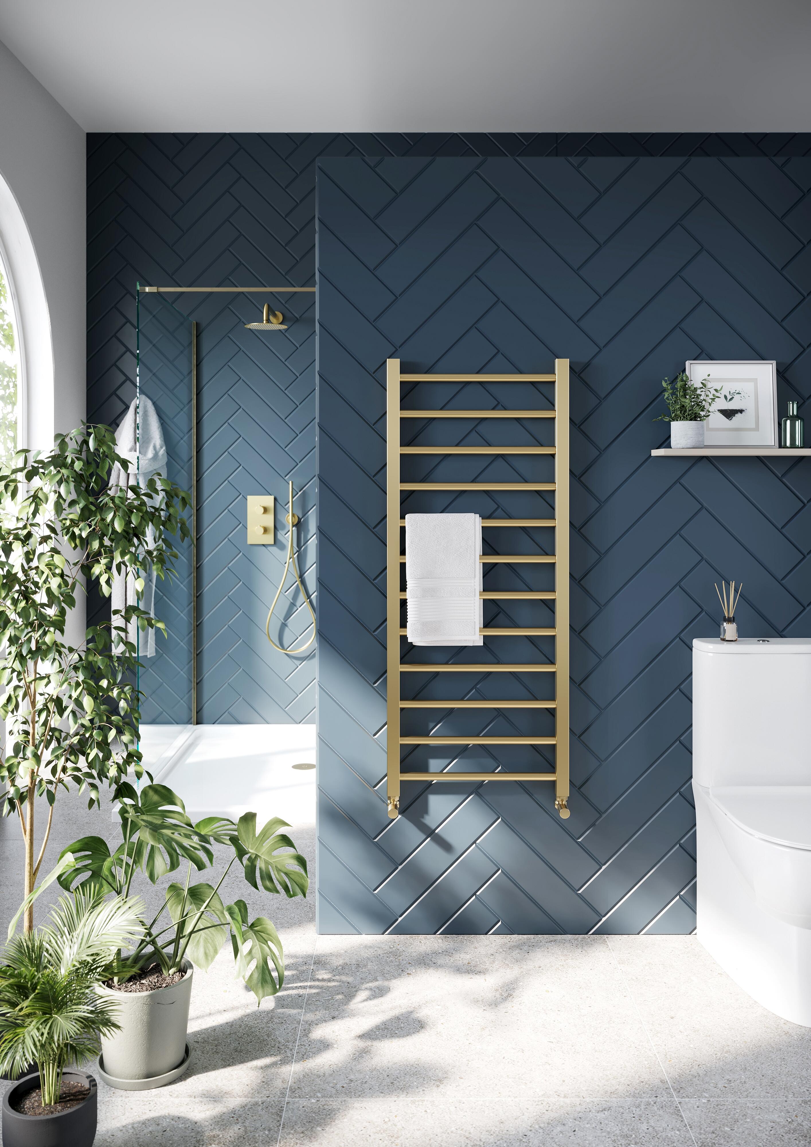 Scudo Vibe brushed brass steel towel rail, 800mm height, 500mm width
