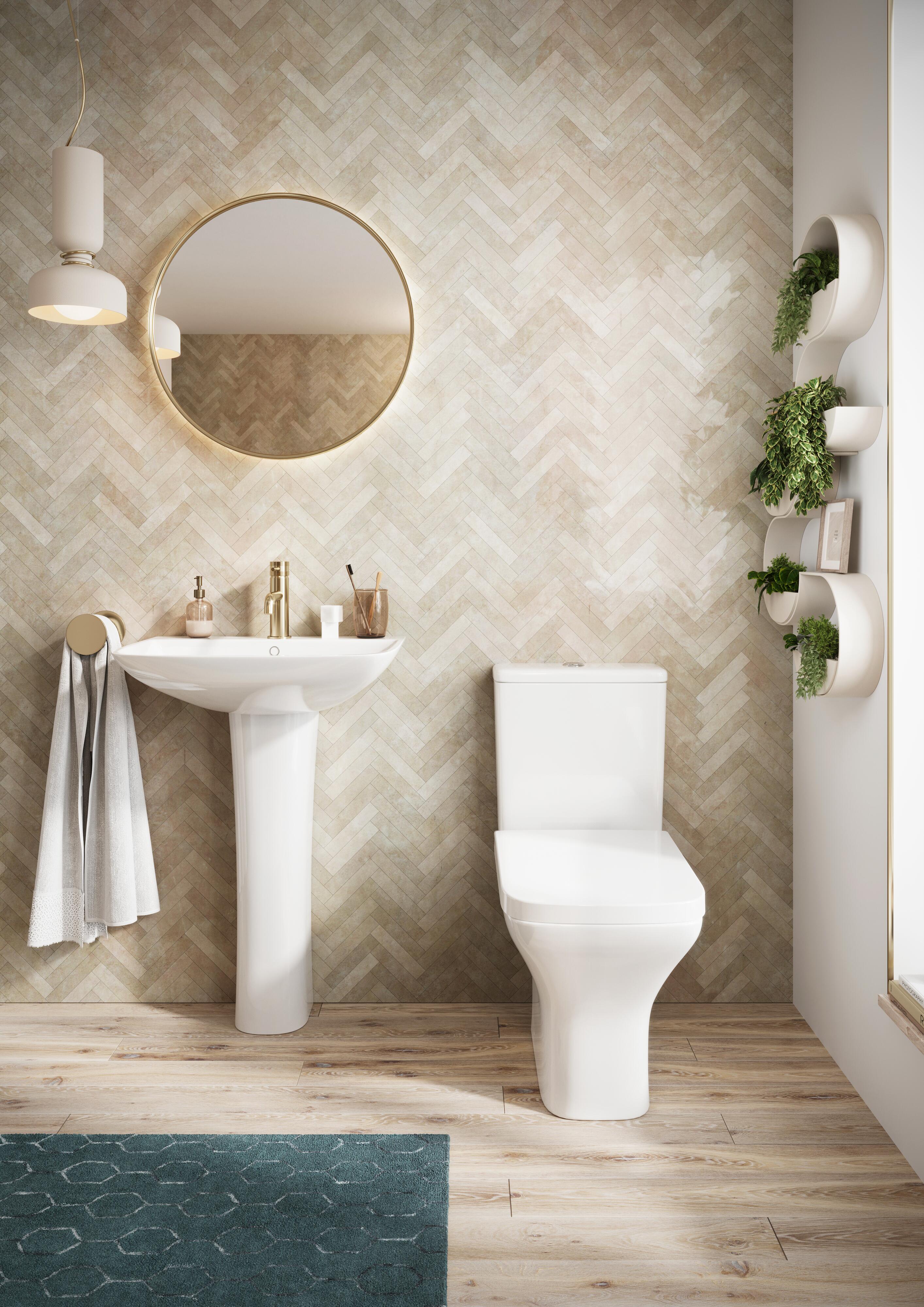 Scudo Porto white ceramic rimless WC toilet pan with soft square design and included seat