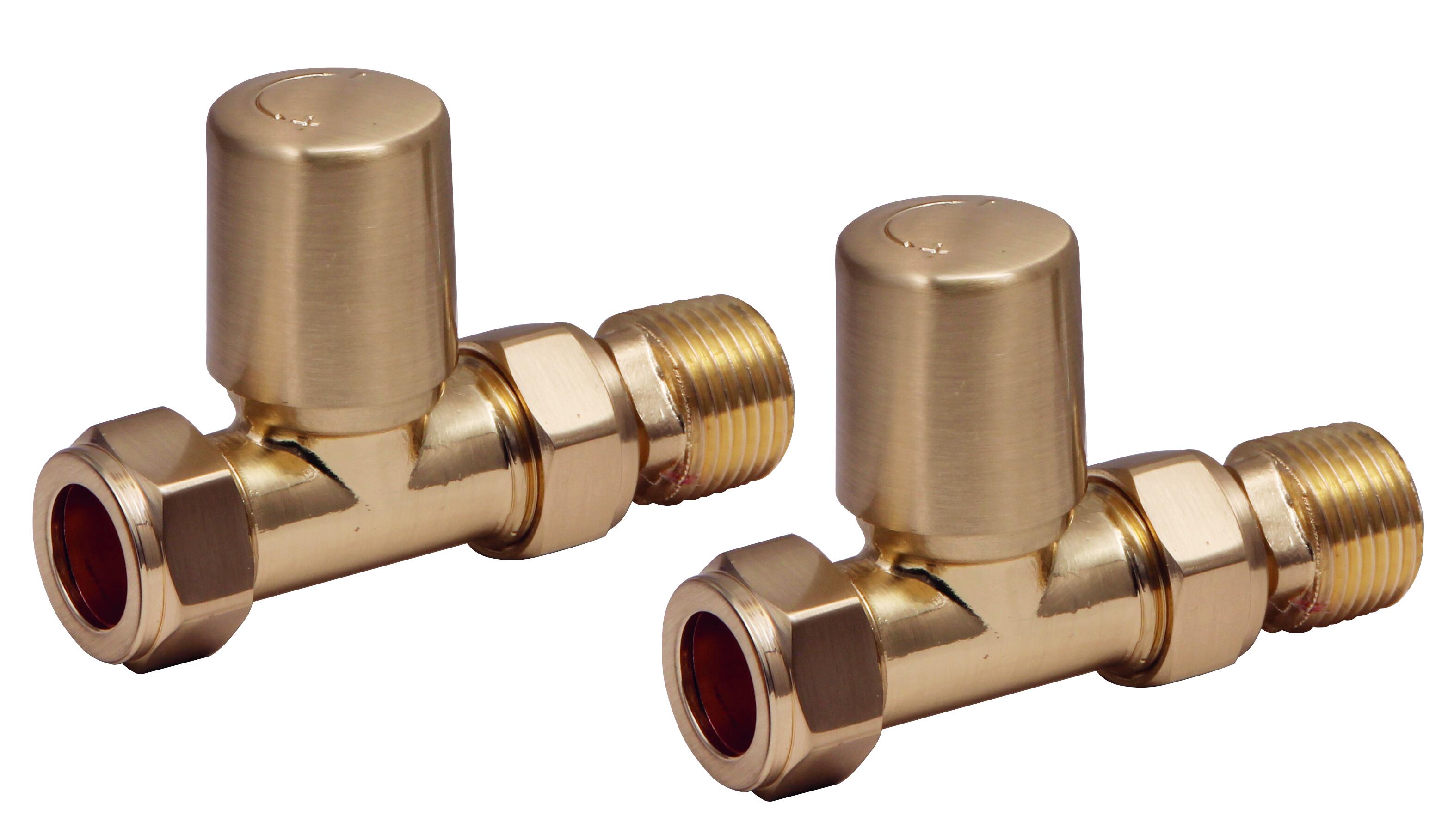 Scudo Brushed Brass straight radiator valve pair, 15mm connection