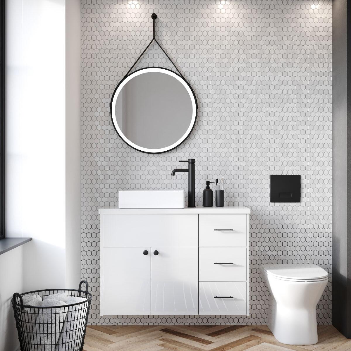 Scudo Belini Round LED Hanging Mirror 600mm, Matt Black metal frame with decorative strap