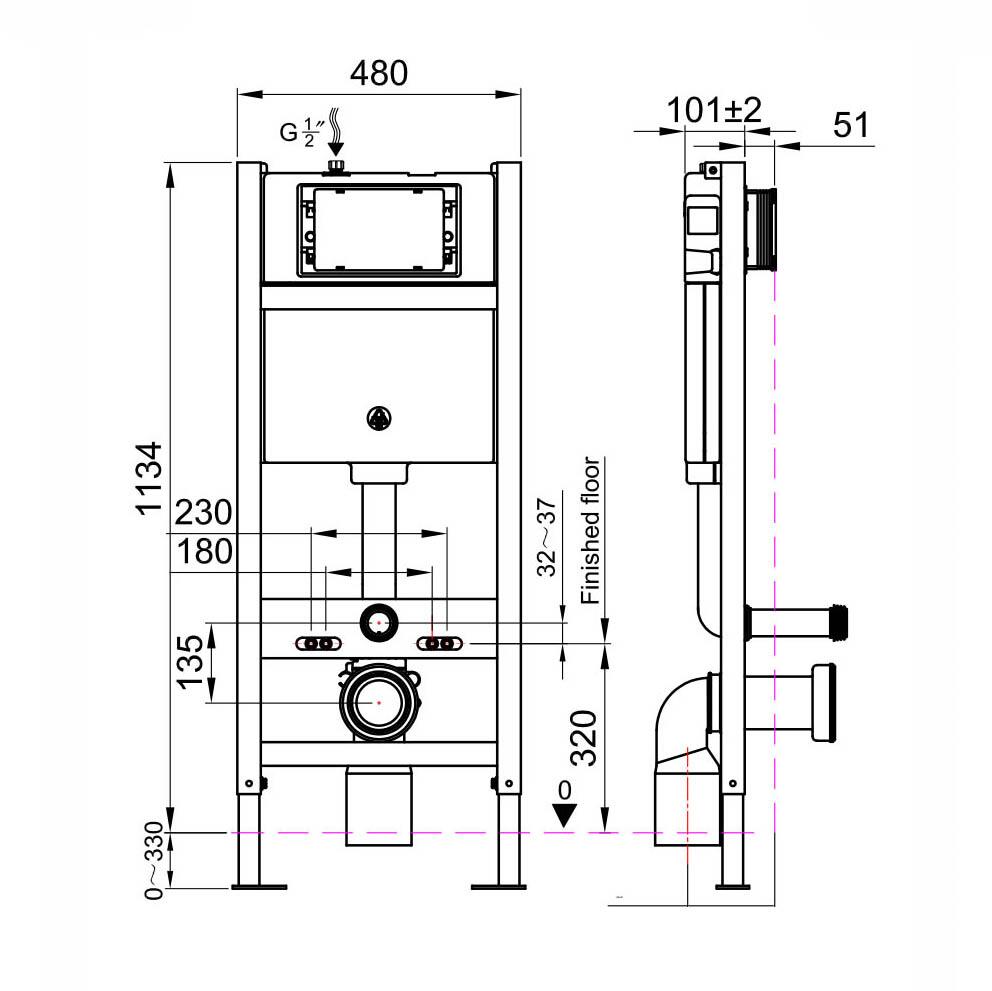 Scudo wall hung toilet frame with pneumatic concealed cistern, Stainless Steel