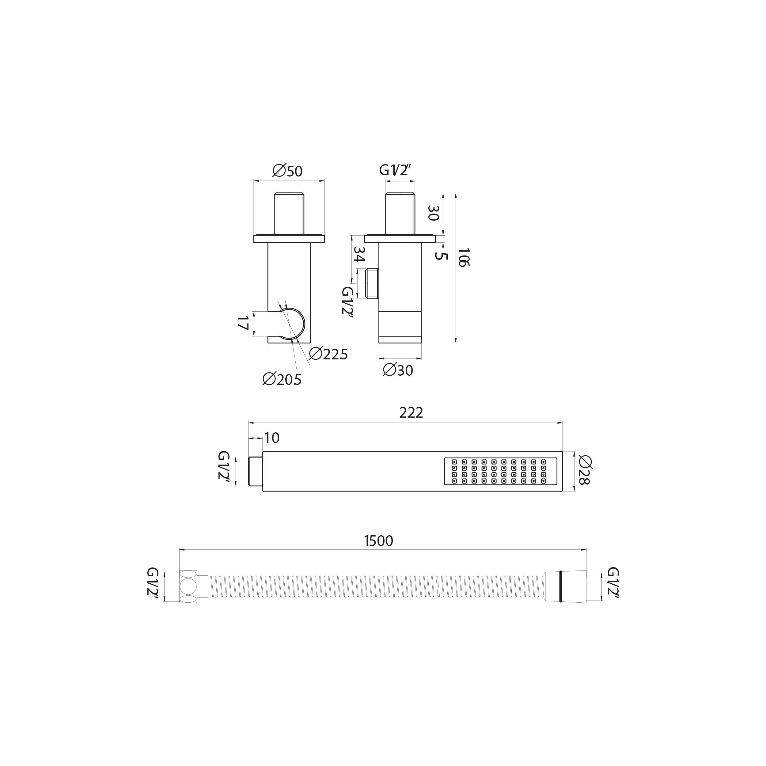 Scudo Square Shower Outlet, Hose and Head in Chrome finish, brass construction