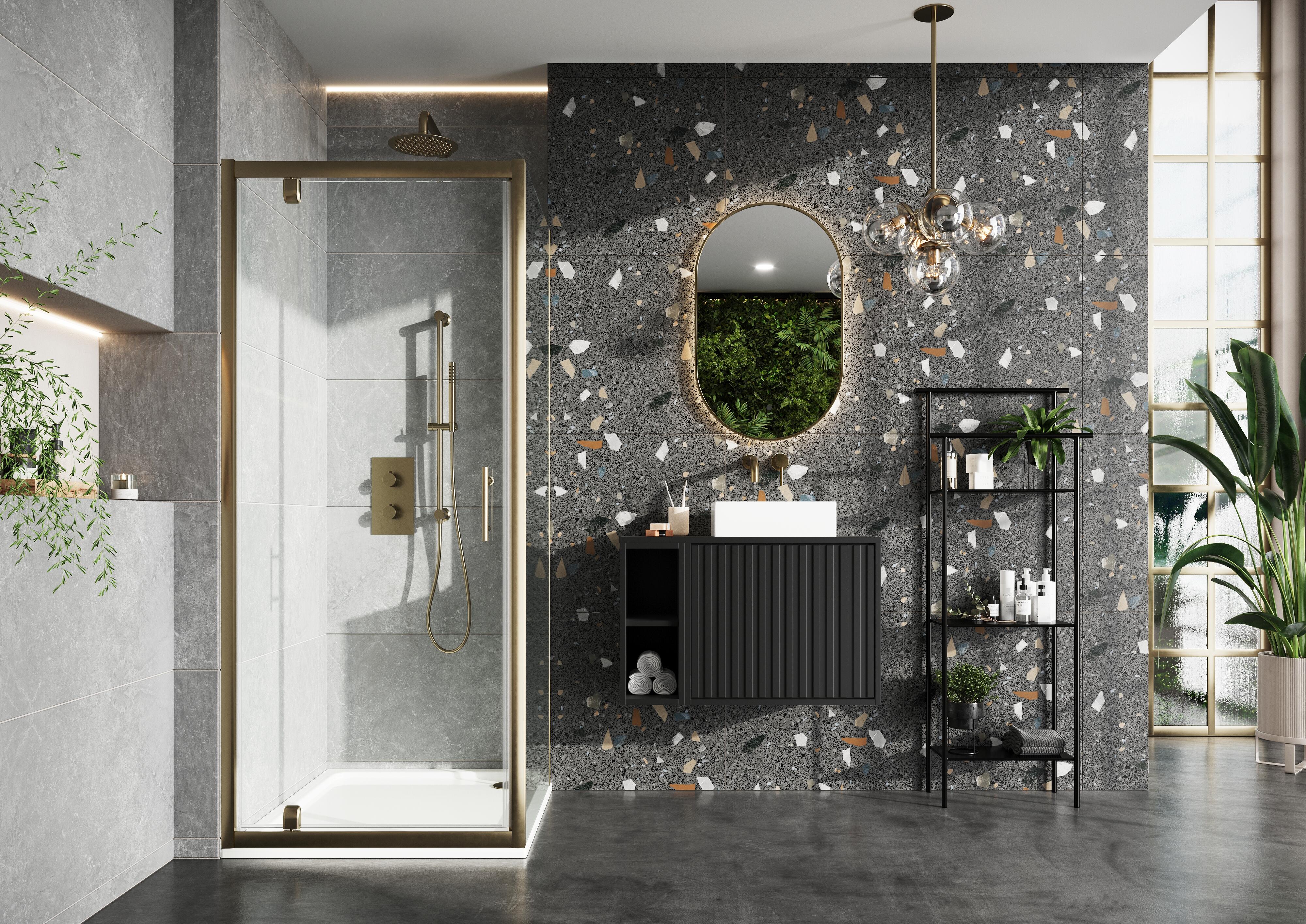 Scudo S6 900mm side panel, 1900mm high, 6mm clear glass with brushed brass frame