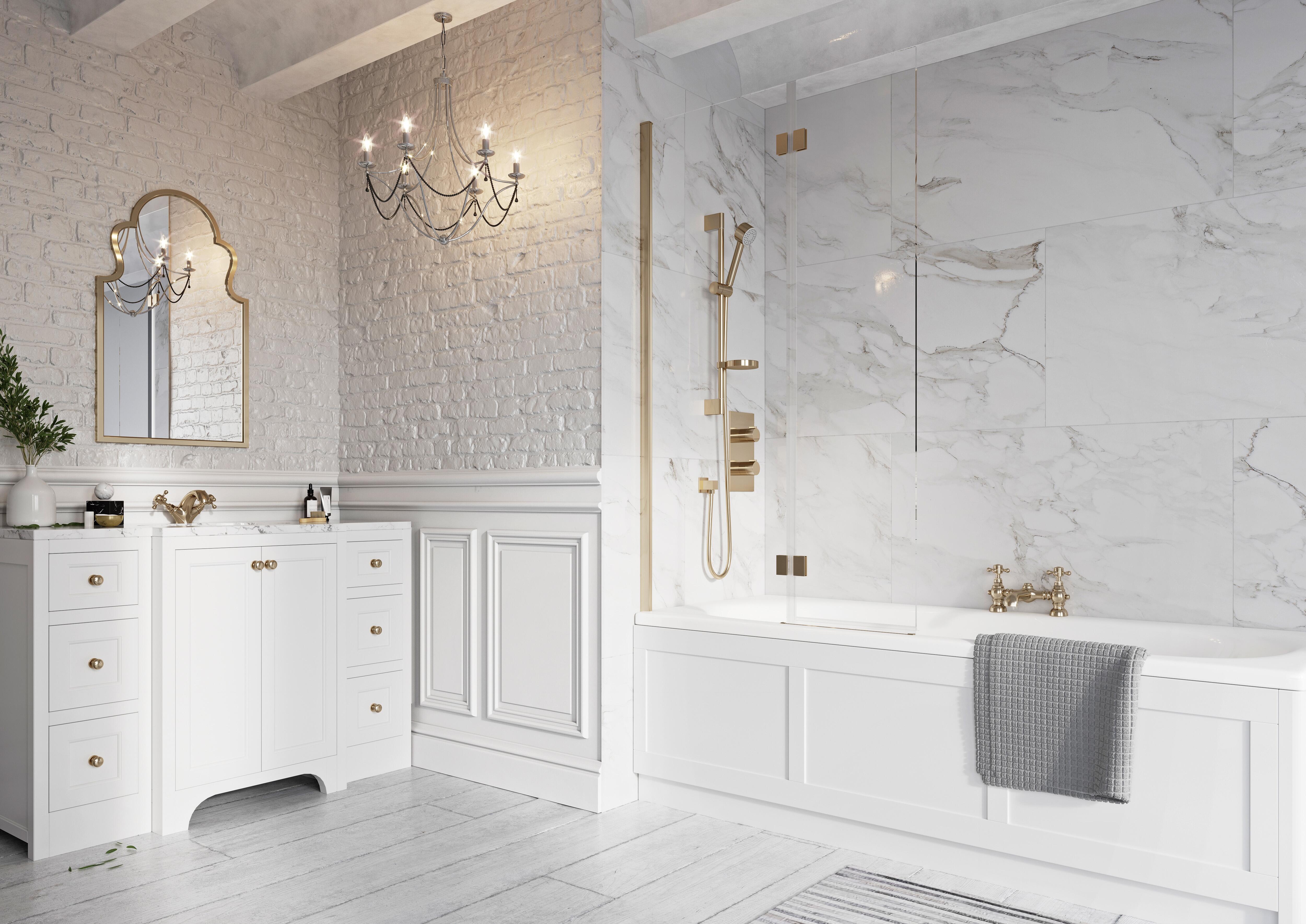 Scudo Thalia Brushed Brass bath screen, 1500mm height, 356mm clear glass