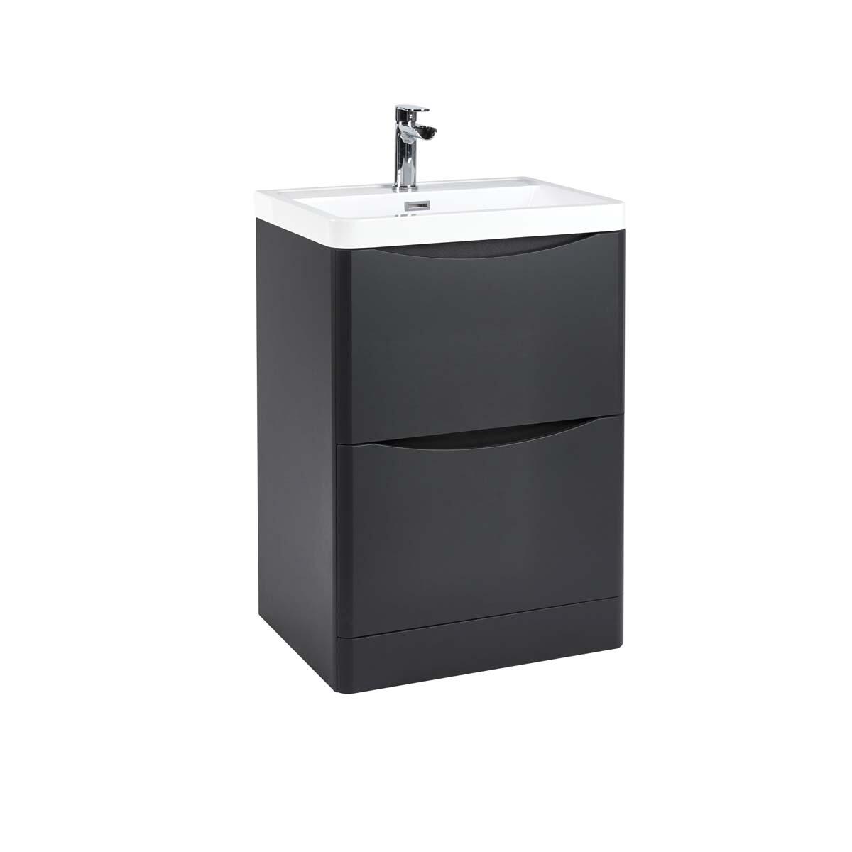 Scudo Bella 596mm floorstanding vanity unit in Matt Grey melamine, front view with soft-close doors