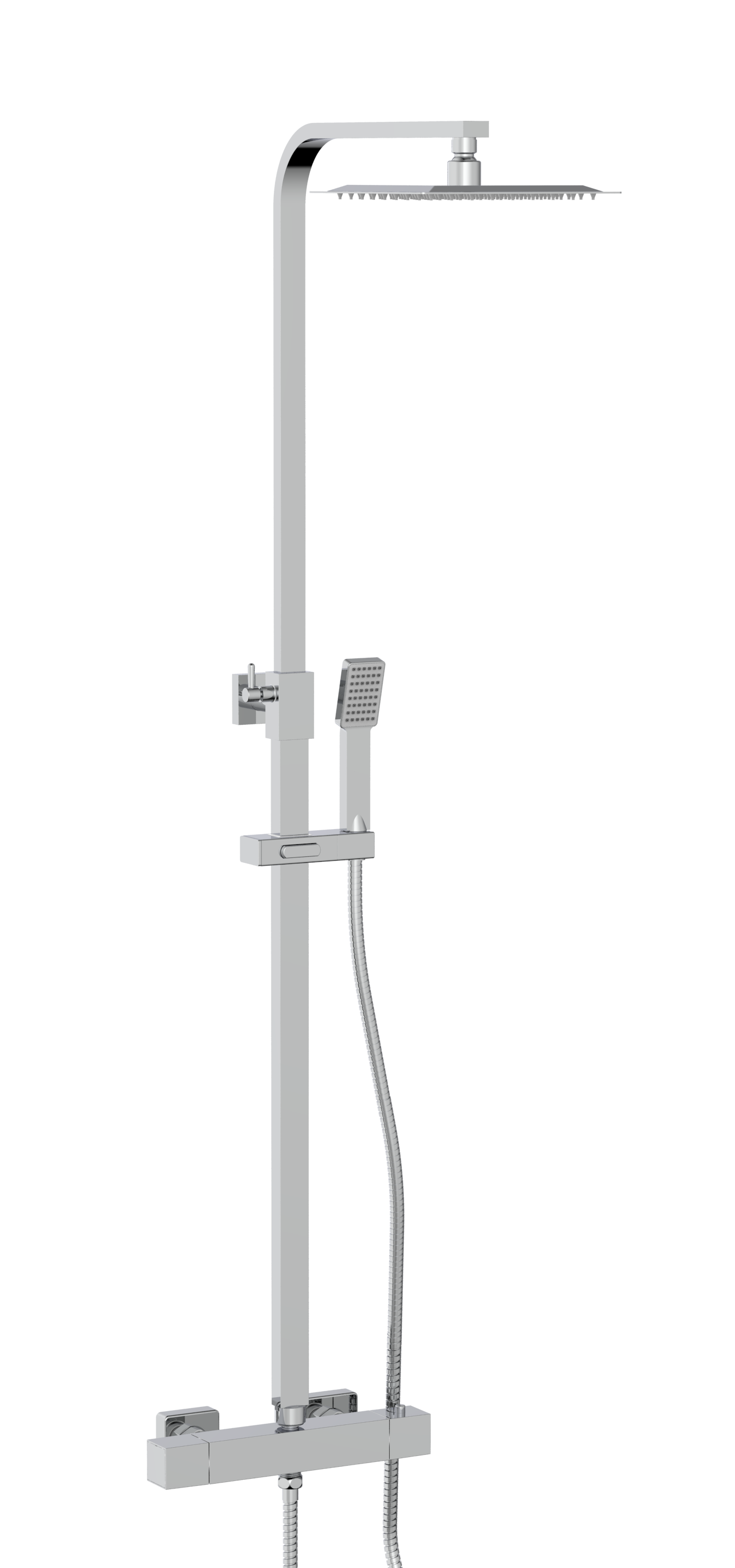 Scudo Elliot square rigid riser shower system with thermostatic bar valve and fixed head, chrome finish