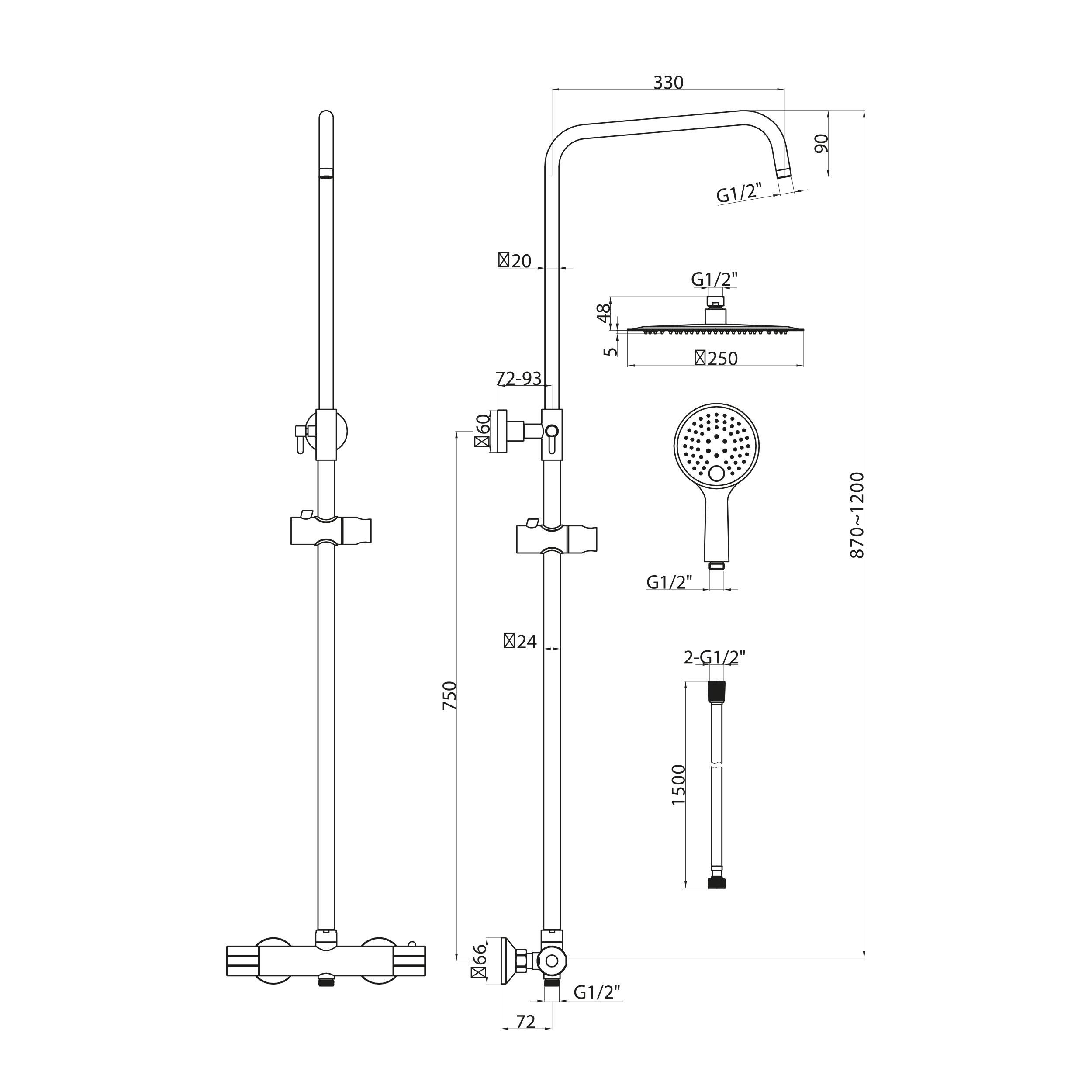 Scudo Messi cool touch round bar shower valve with adjustable rigid riser in chrome