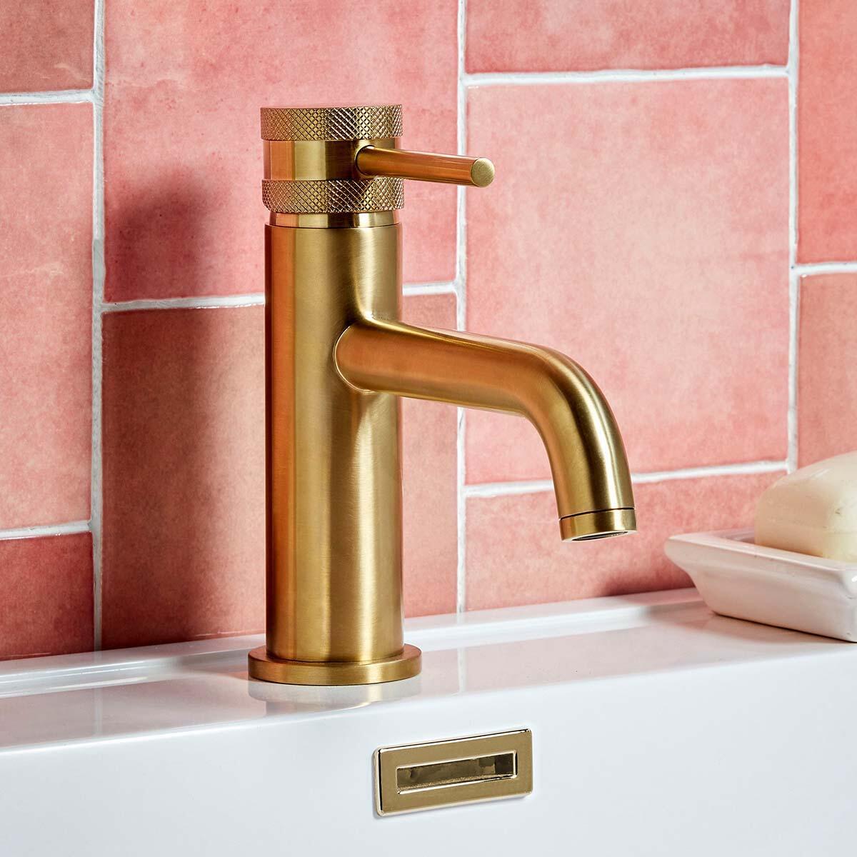 Scudo Core Collection deck mounted basin mixer, brushed brass finish, lever handle